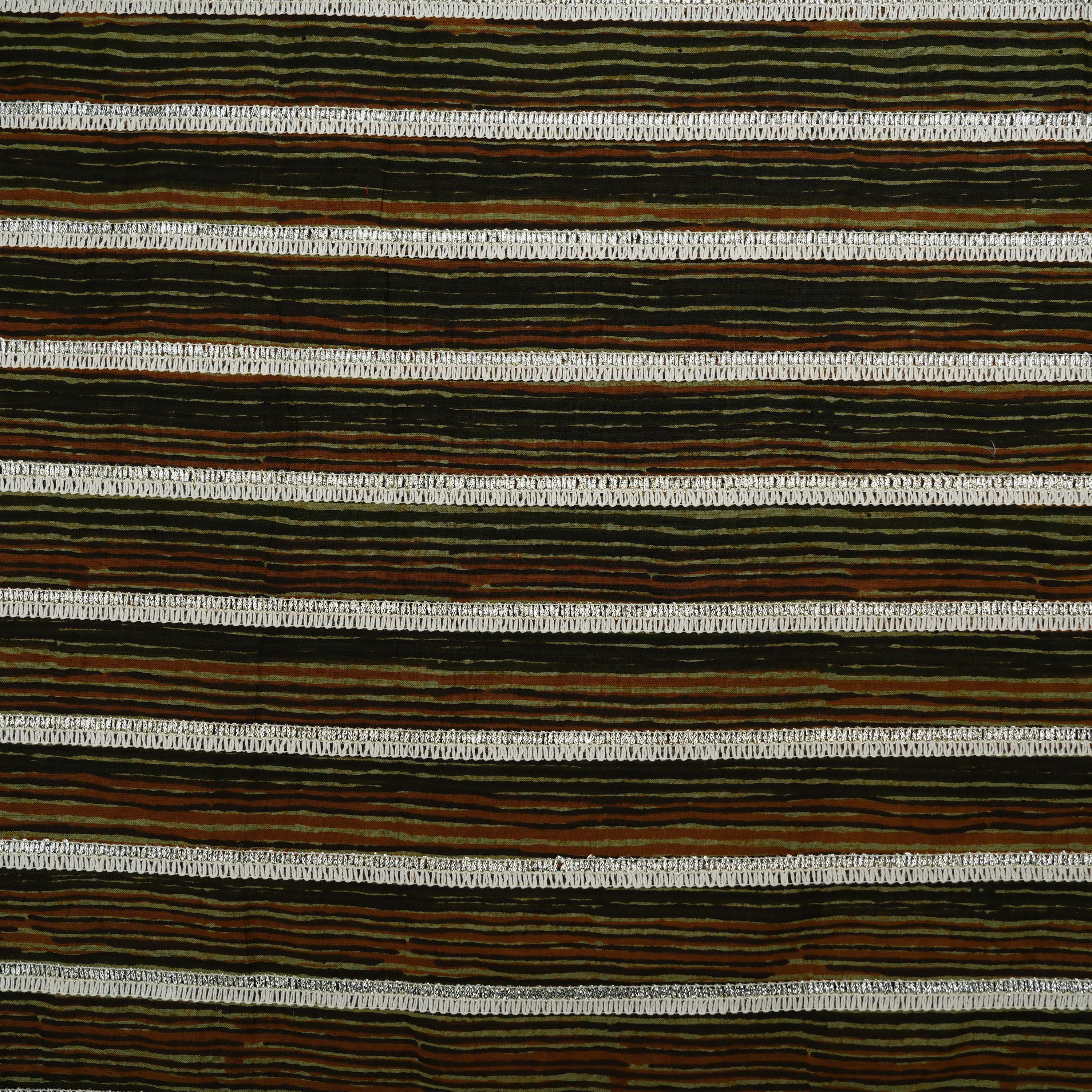 Brown Black Zari Embroidered Stripes Cotton Fabric