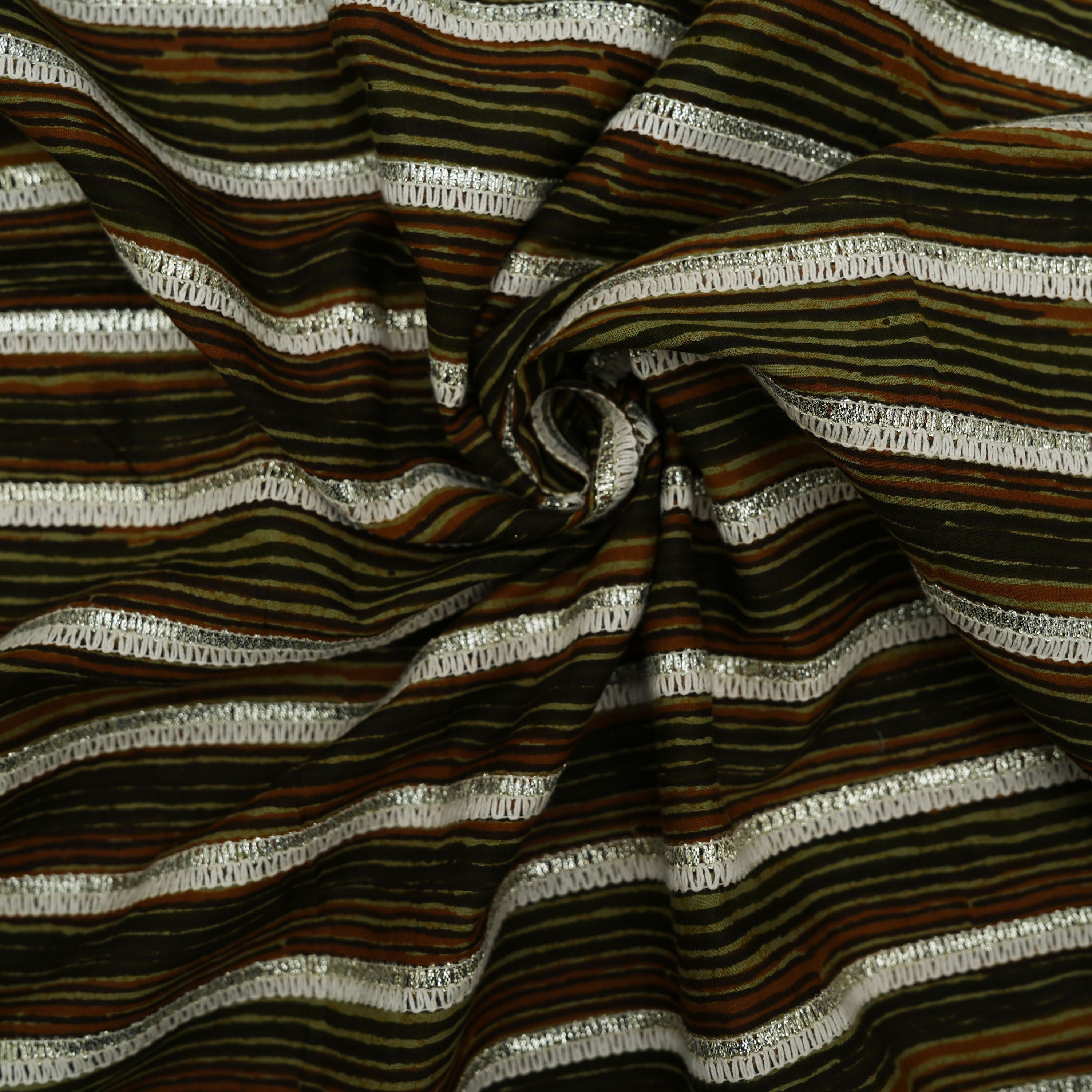 Brown Black Zari Embroidered Stripes Cotton Fabric
