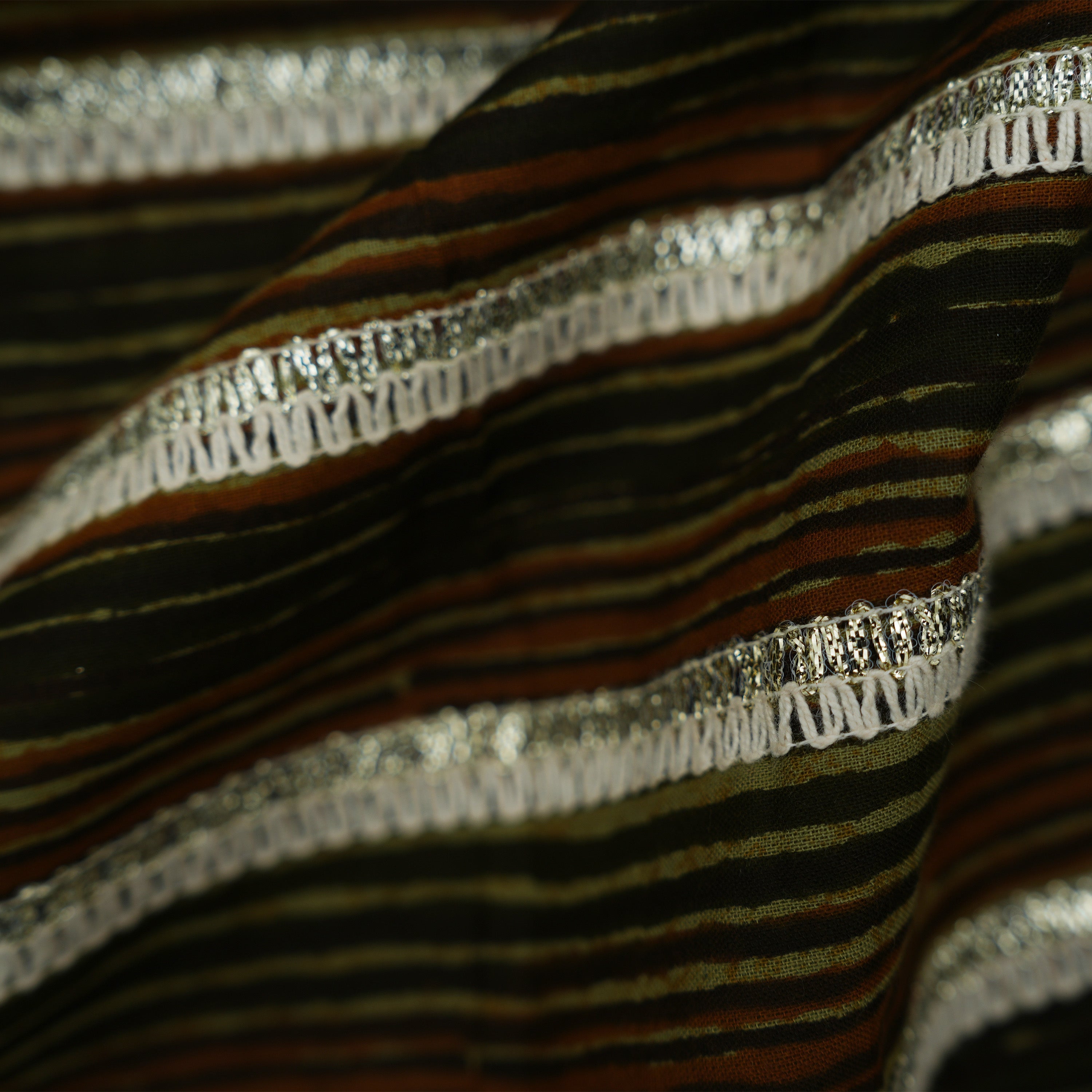 Brown Black Zari Embroidered Stripes Cotton Fabric