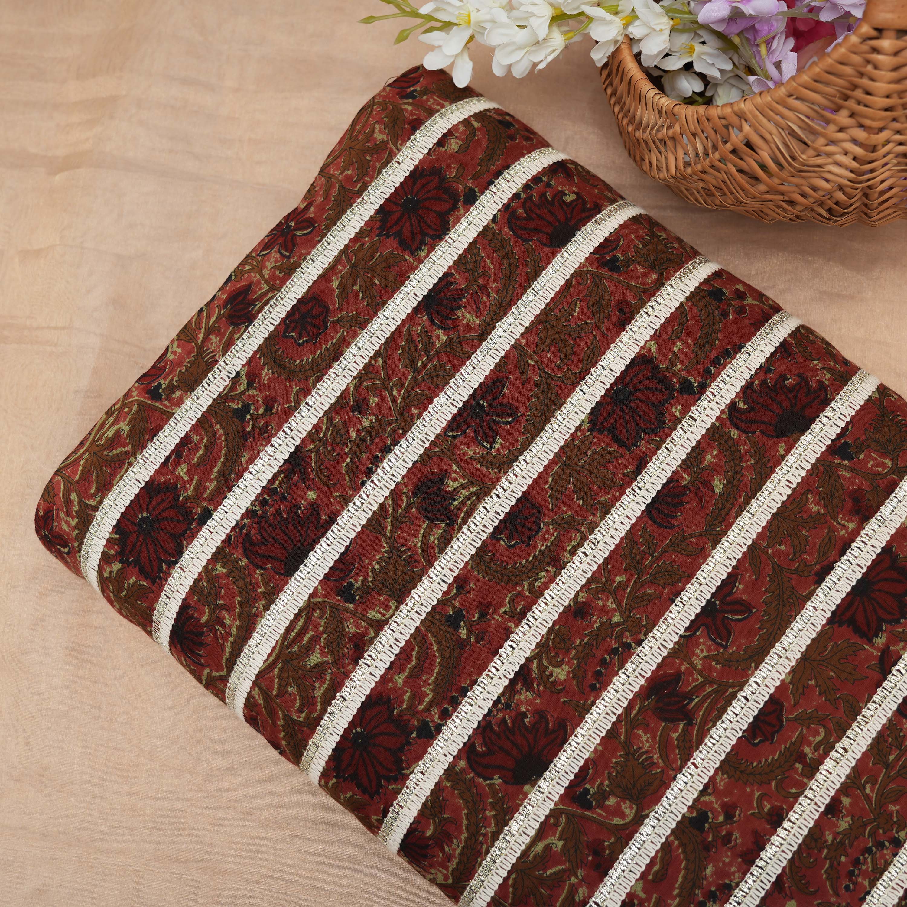 Maroon Red With Floral Embroidery On Printed Cotton Fabric