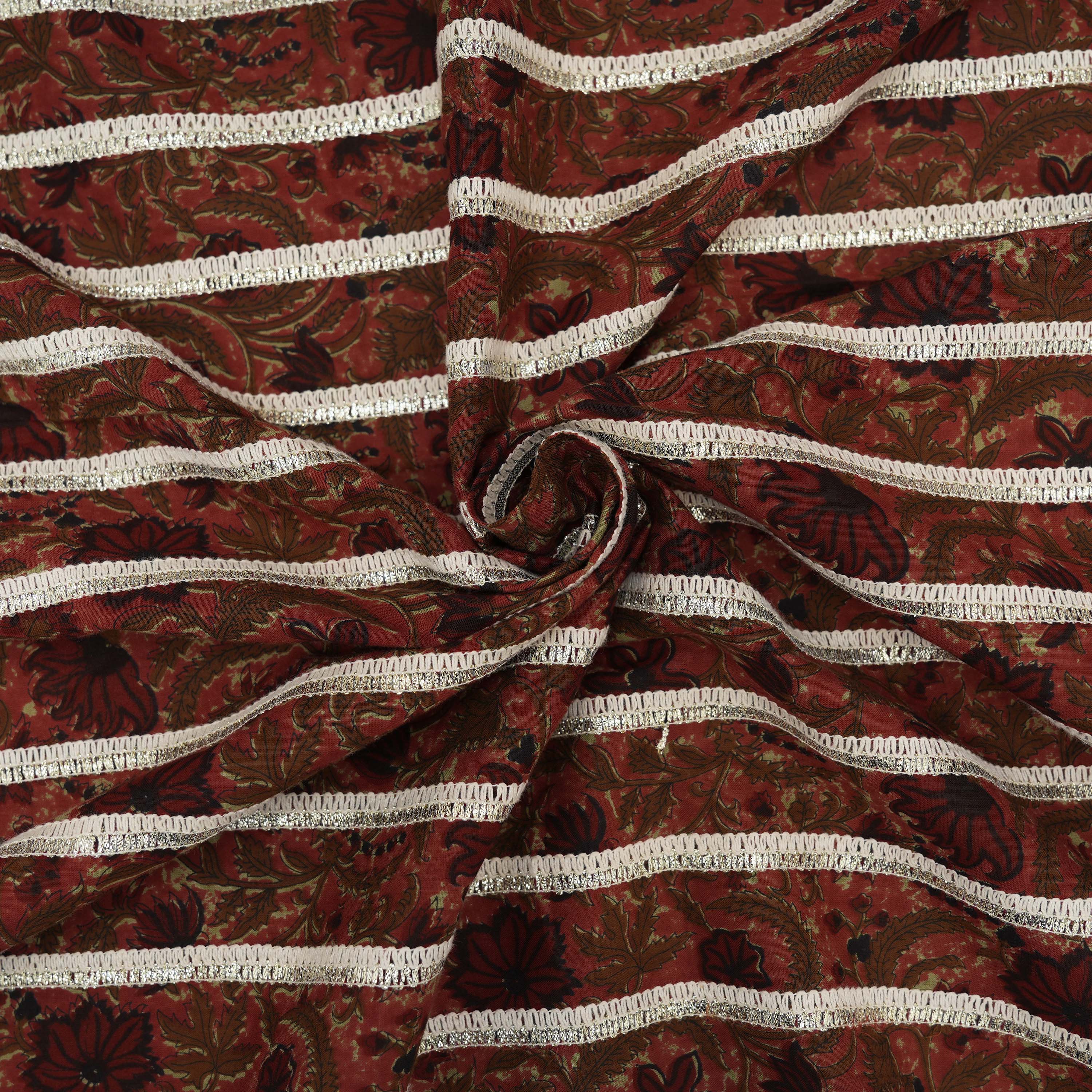 Maroon Red With Floral Embroidery On Printed Cotton Fabric