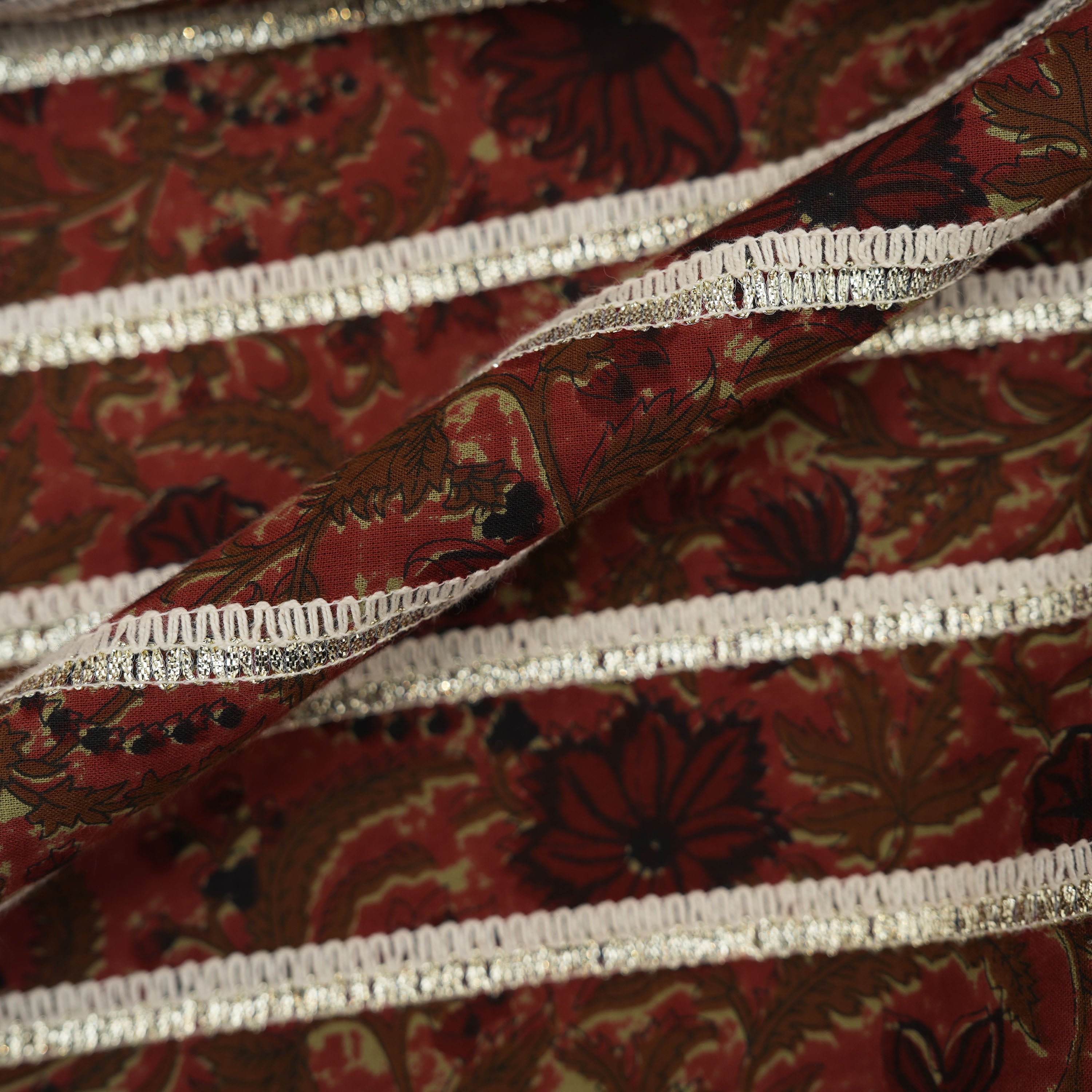 Maroon Red With Floral Embroidery On Printed Cotton Fabric