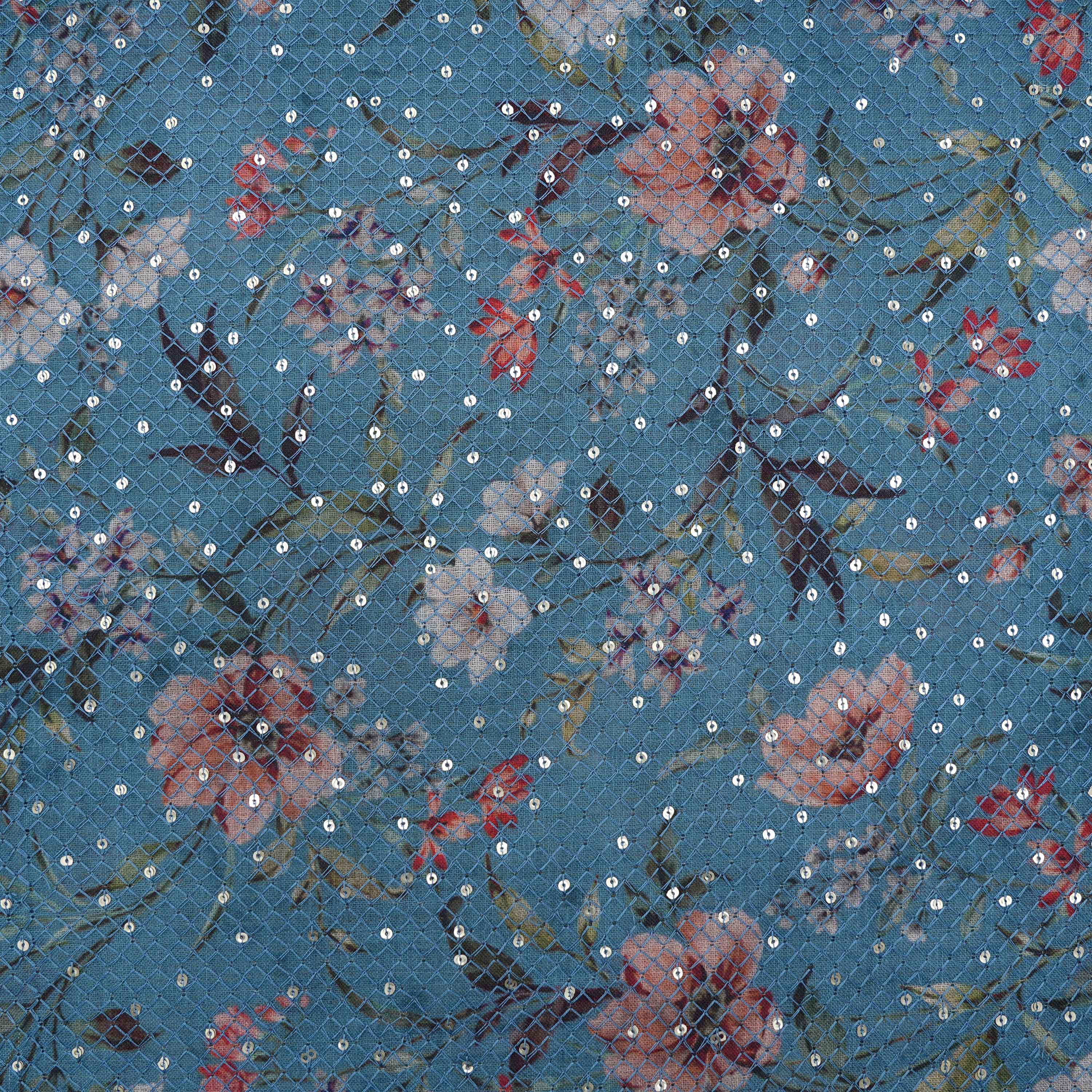 Blue Gray Floral Printed Embroidered Checks Linen Fabric