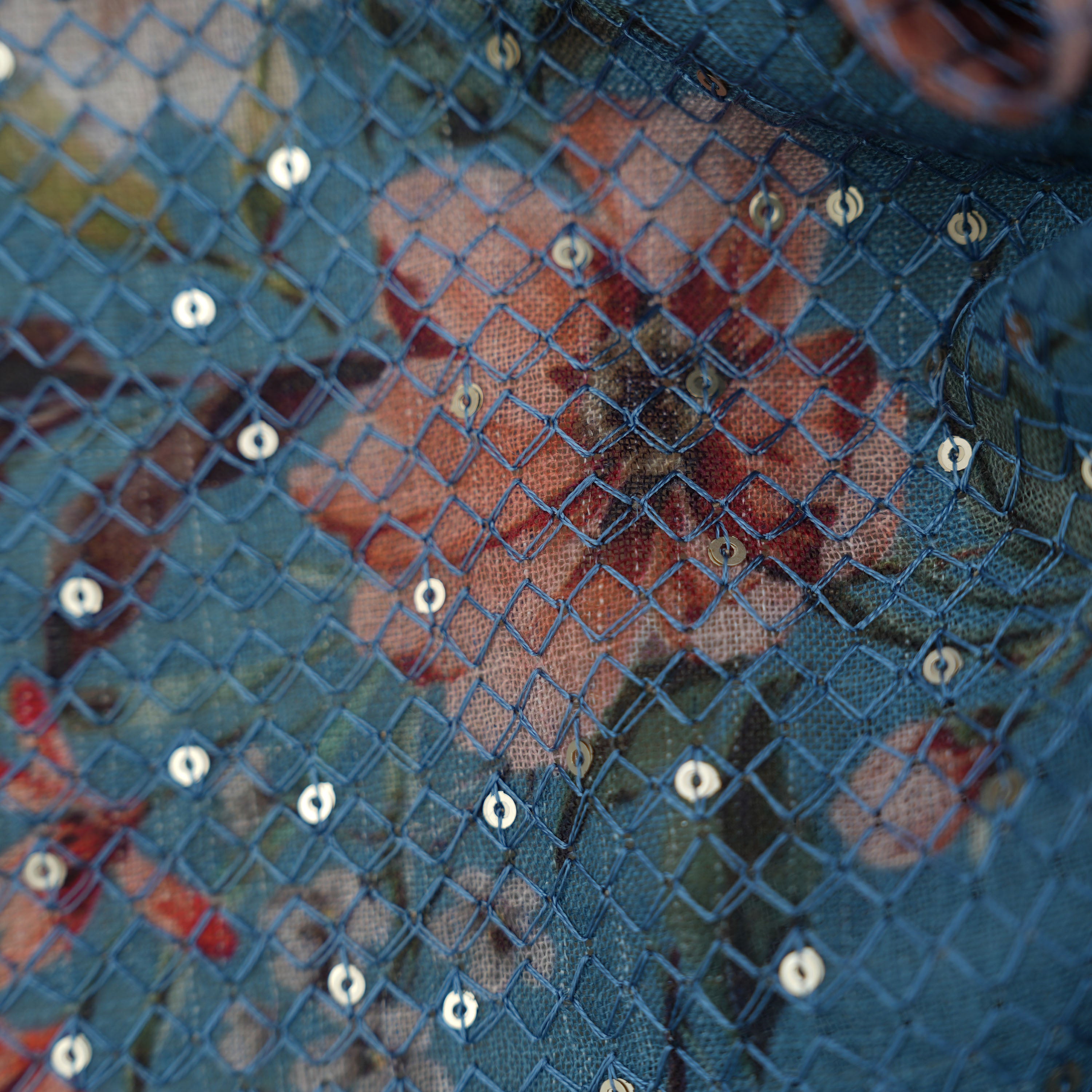 Blue Gray Floral Printed Embroidered Checks Linen Fabric