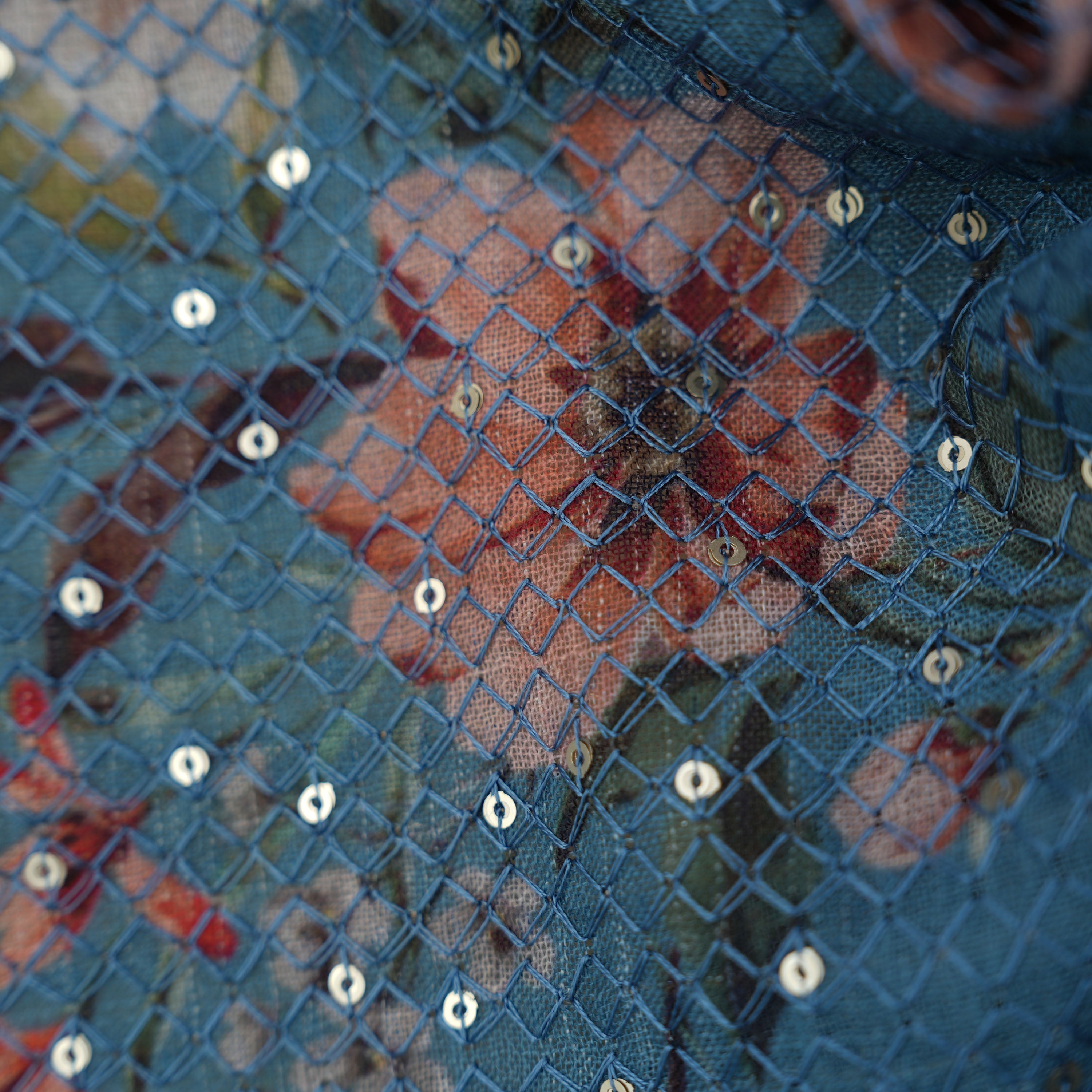Blue Gray Floral Printed Embroidered Checks Linen Fabric