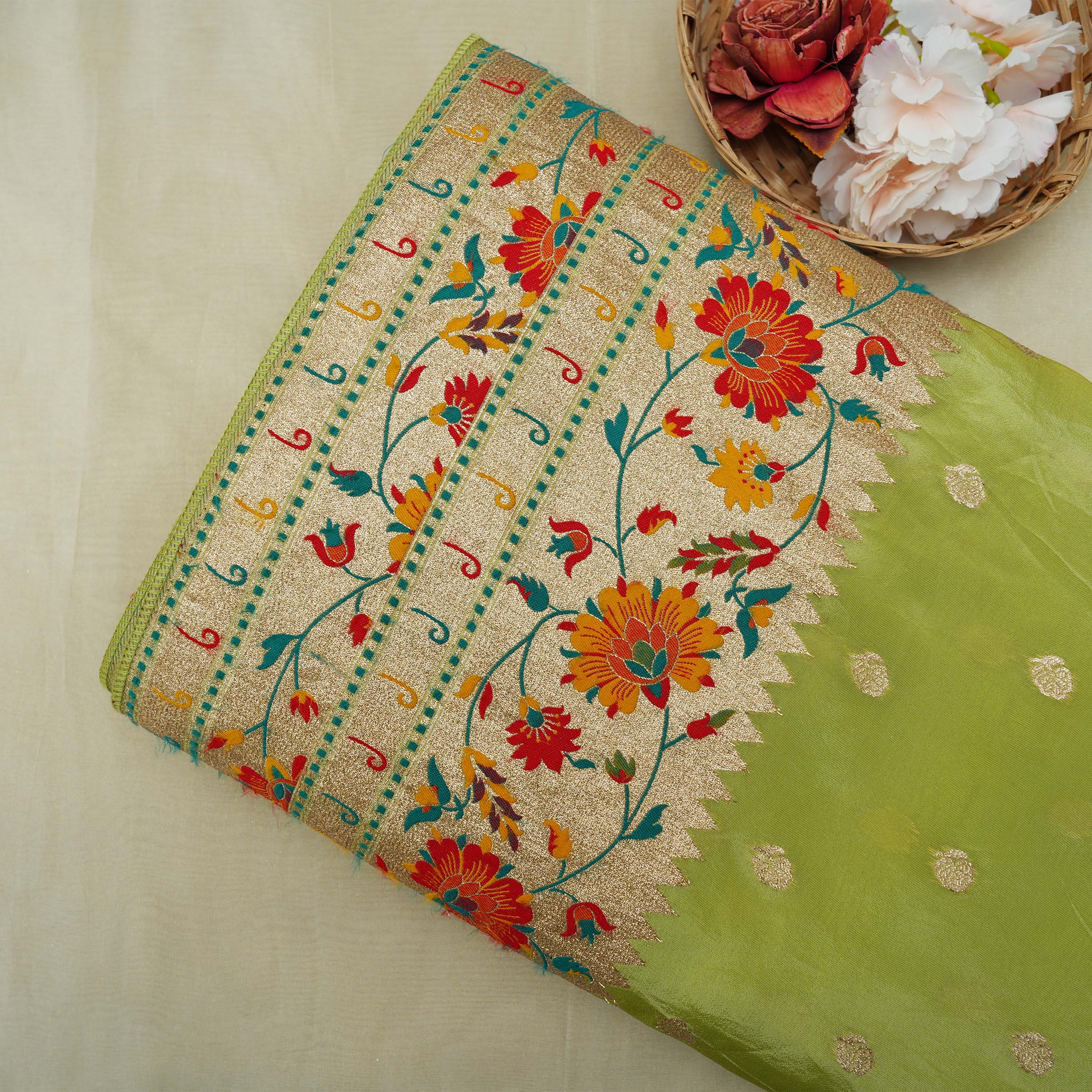 Wasabi Green Floral Buttis With Floral Jaal Border Tissue Fabric