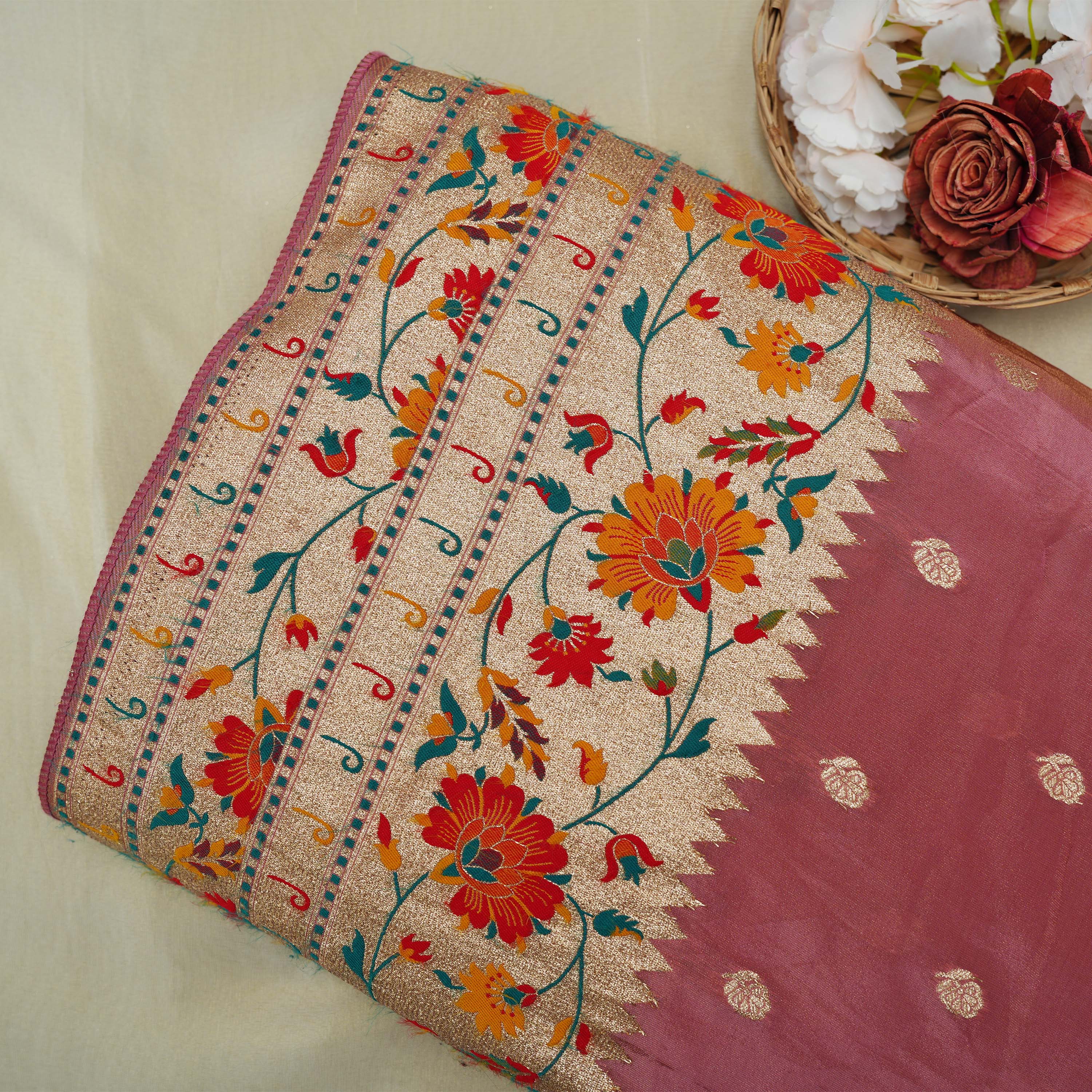 Cordovan Pink Floral Buttis With Floral Jaal Border Tissue Fabric