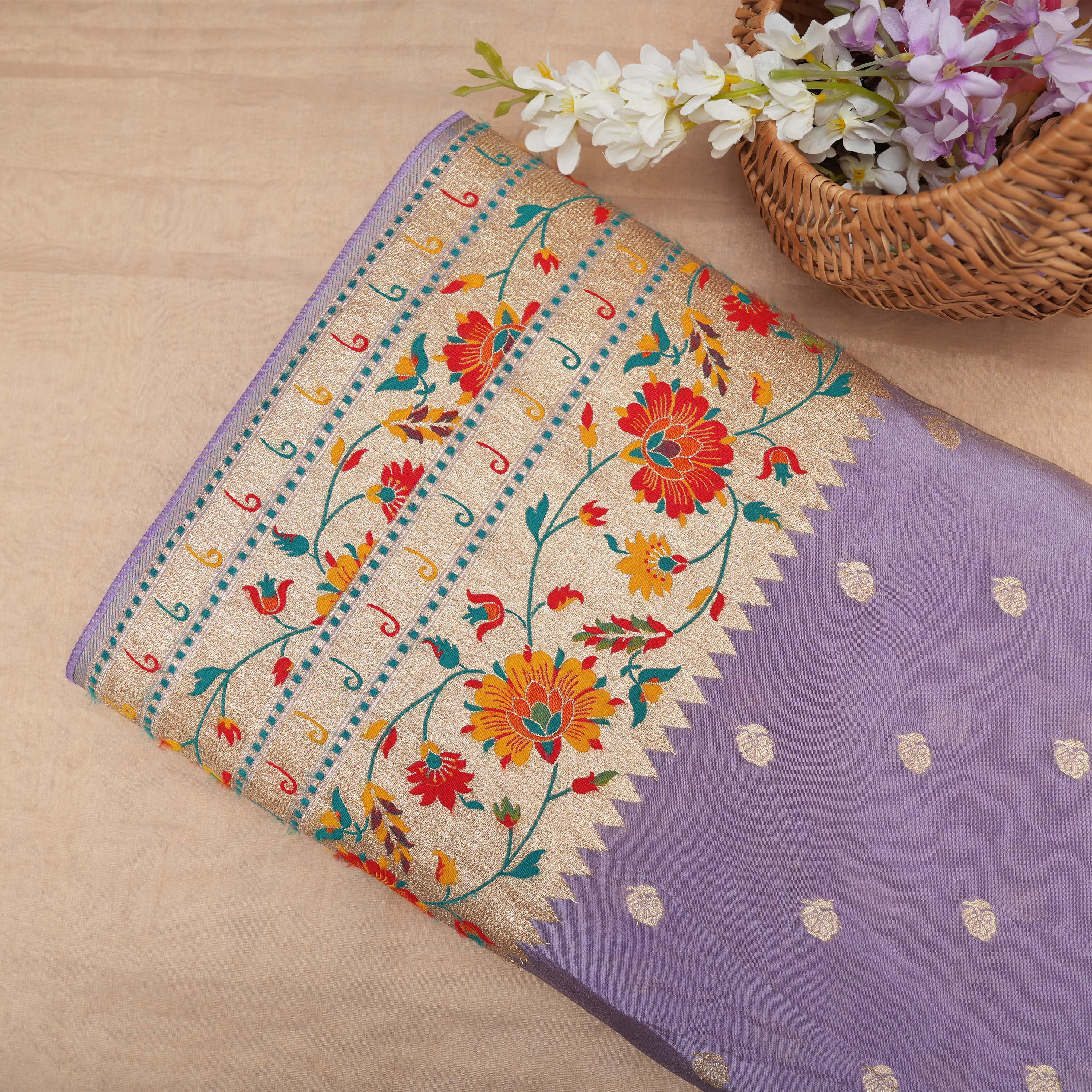 Lavender Multicolor Floral Bordered Jamawar Silk Fabric