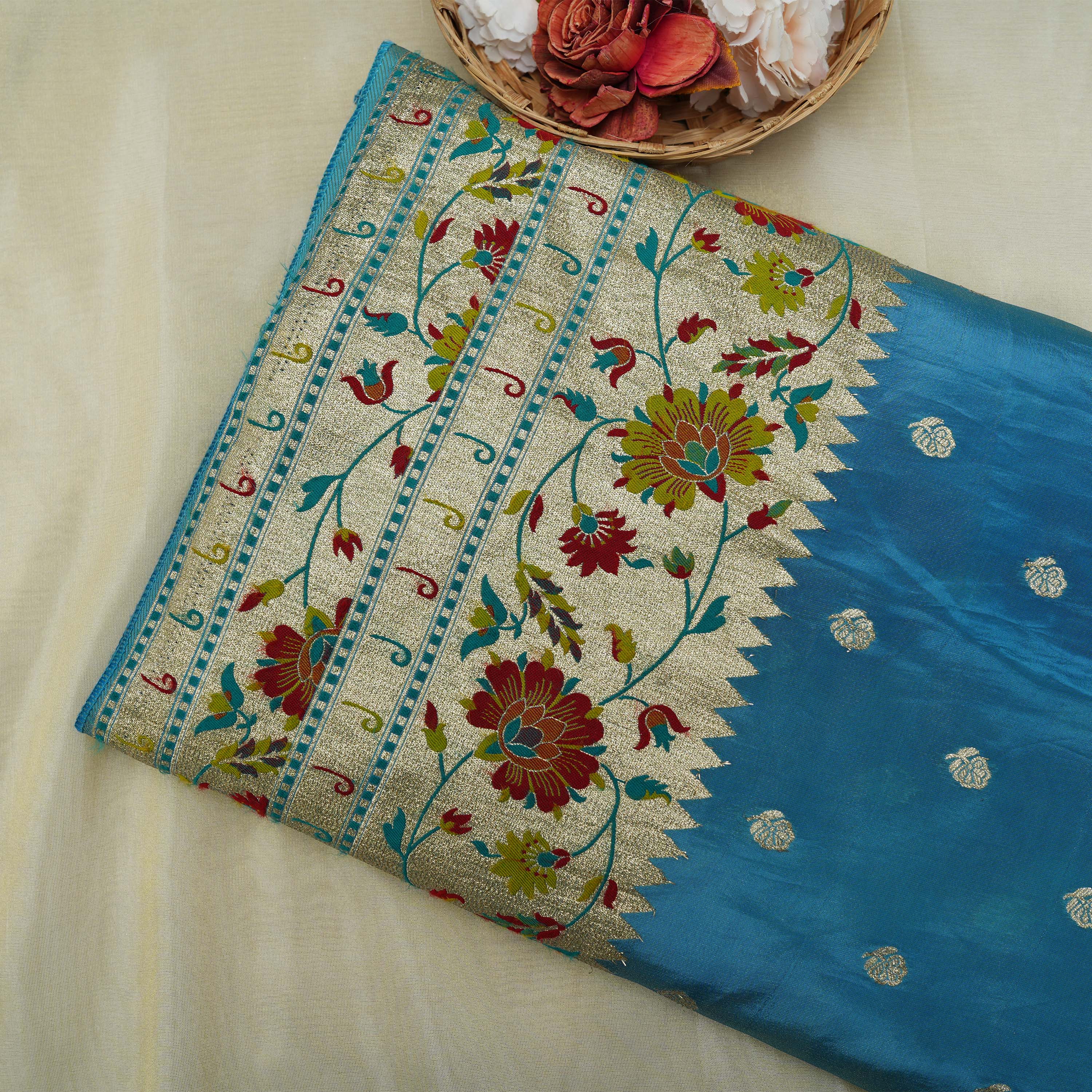 Deep Aqua Floral Buttis With Floral Jaal Border Tissue Fabric