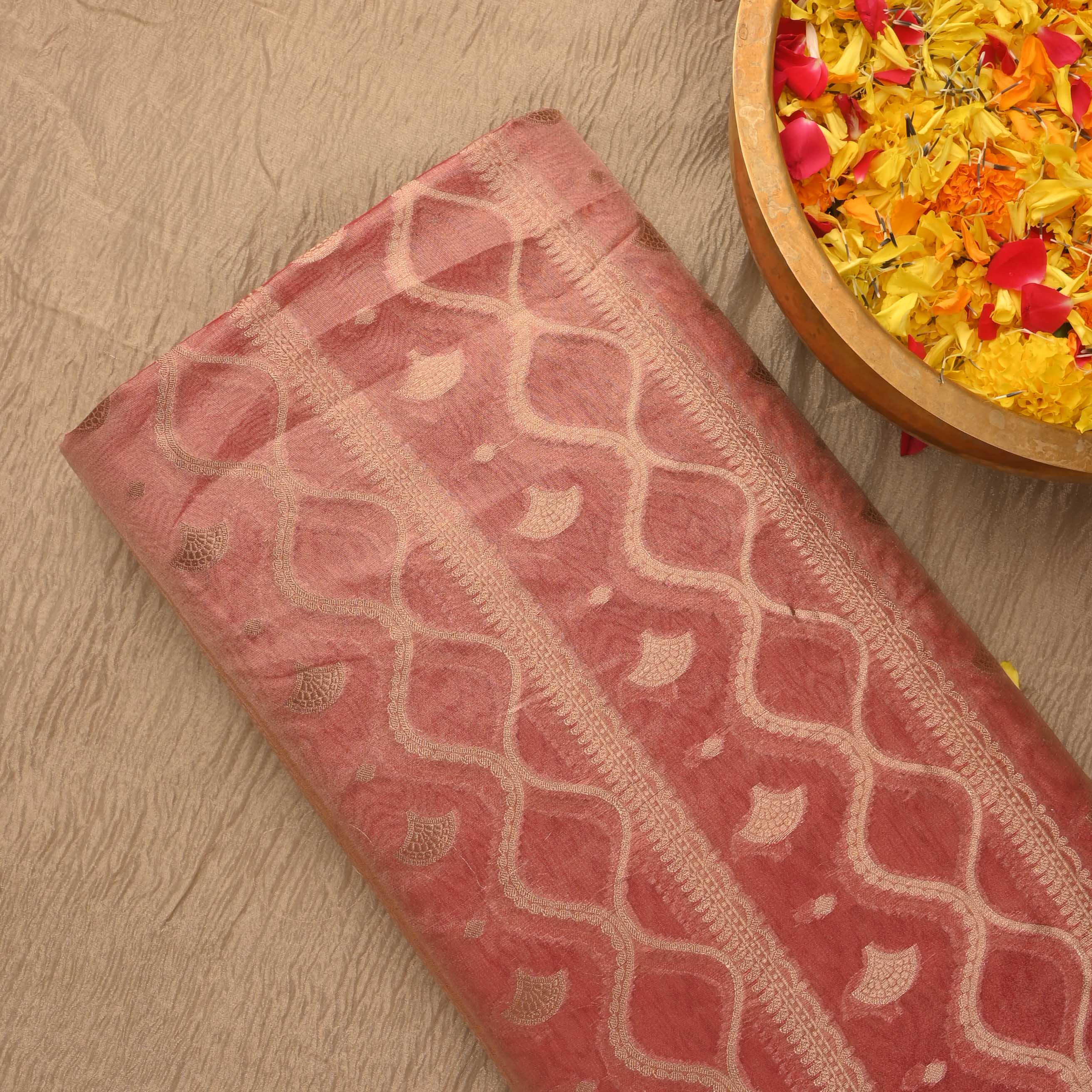 Candy Pink Tissue Fabric With Zari Weaving