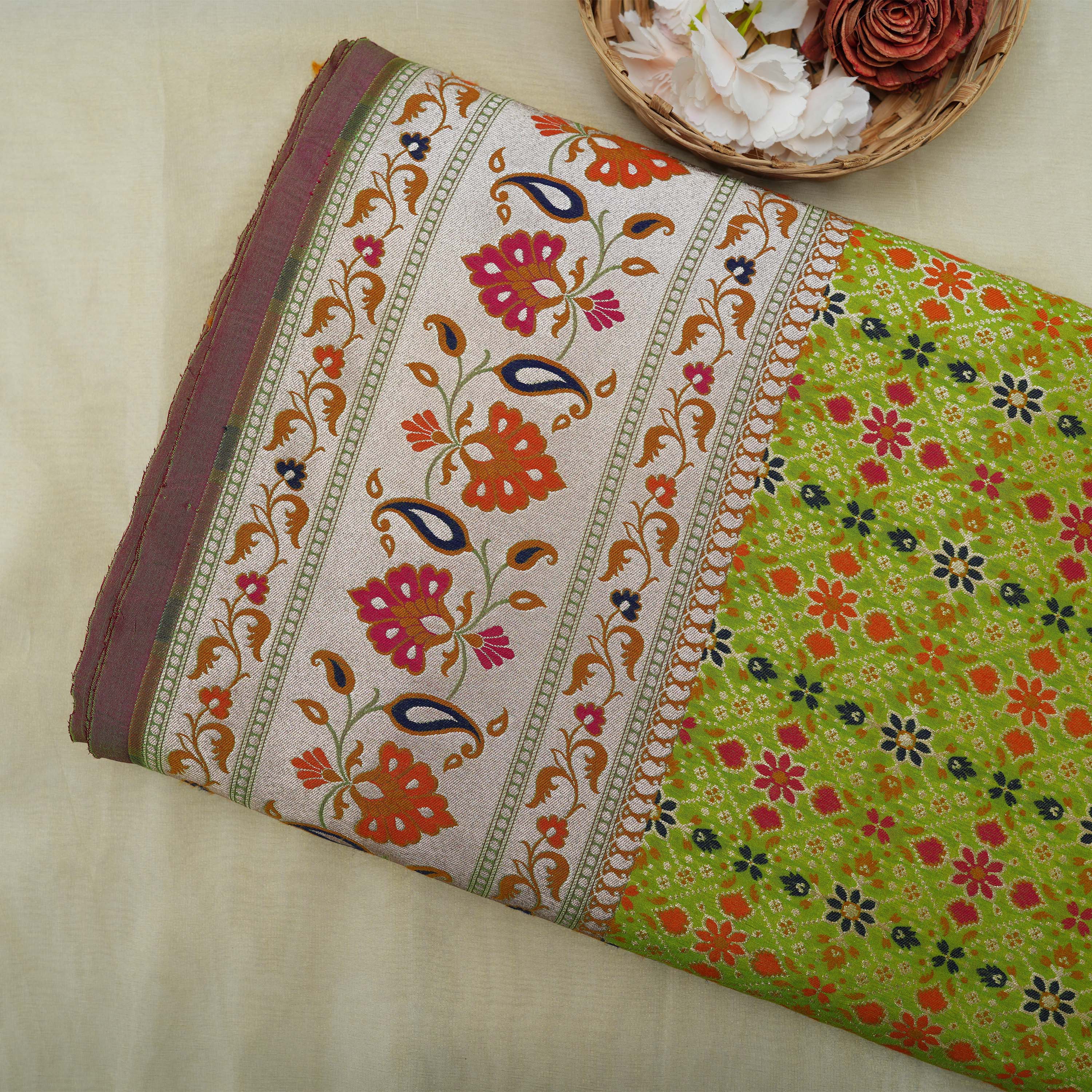 Leafy Green Geometric With Floral Paisley Patola Silk Fabric