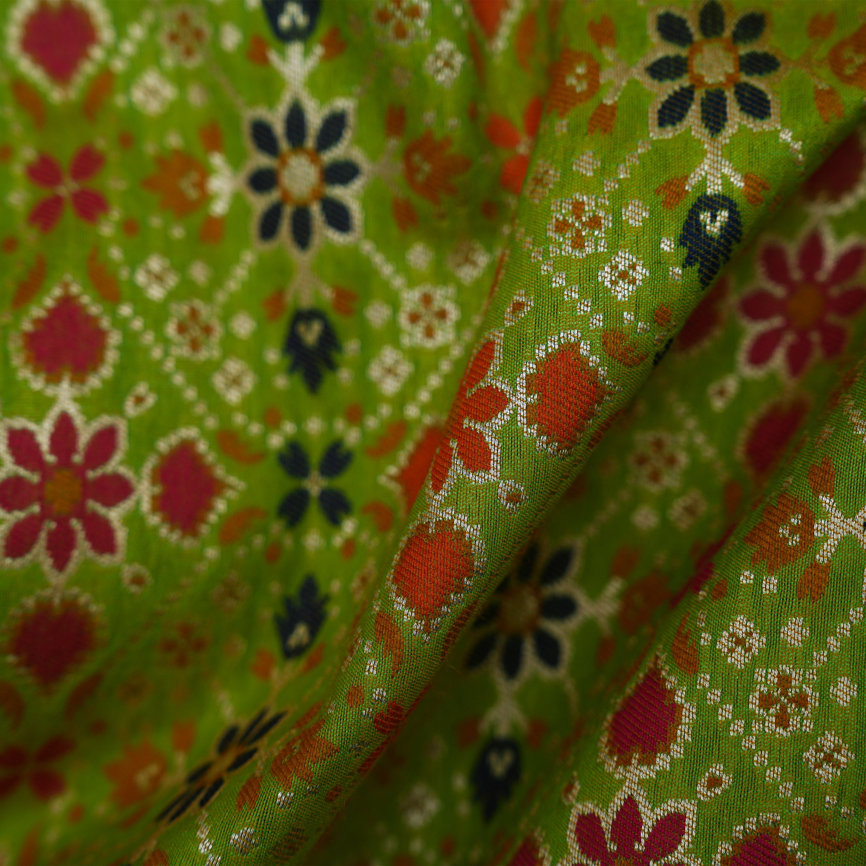 Leafy Green Geometric With Floral Paisley Patola Silk Fabric
