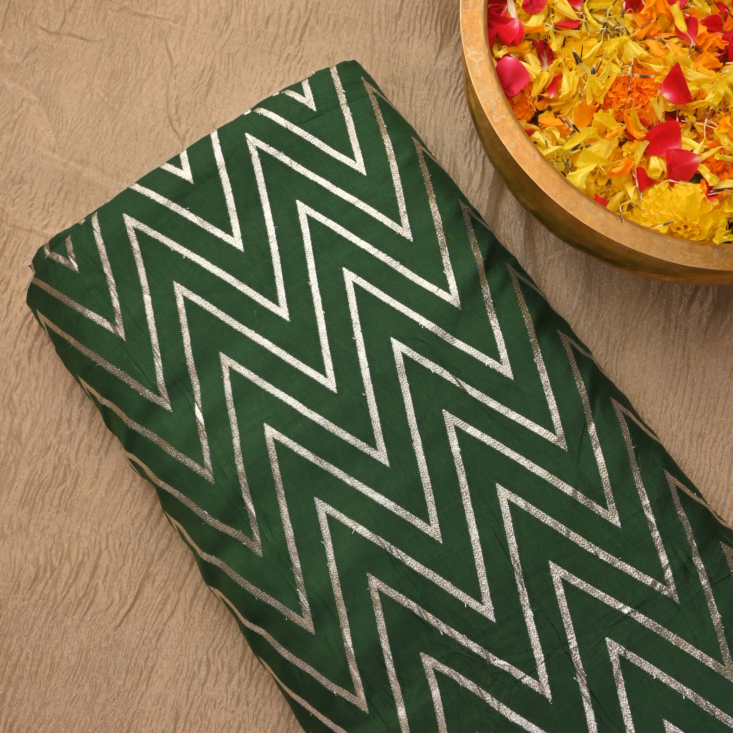 Leaf Green Zig-Zag Brocade Banarasi Fabric