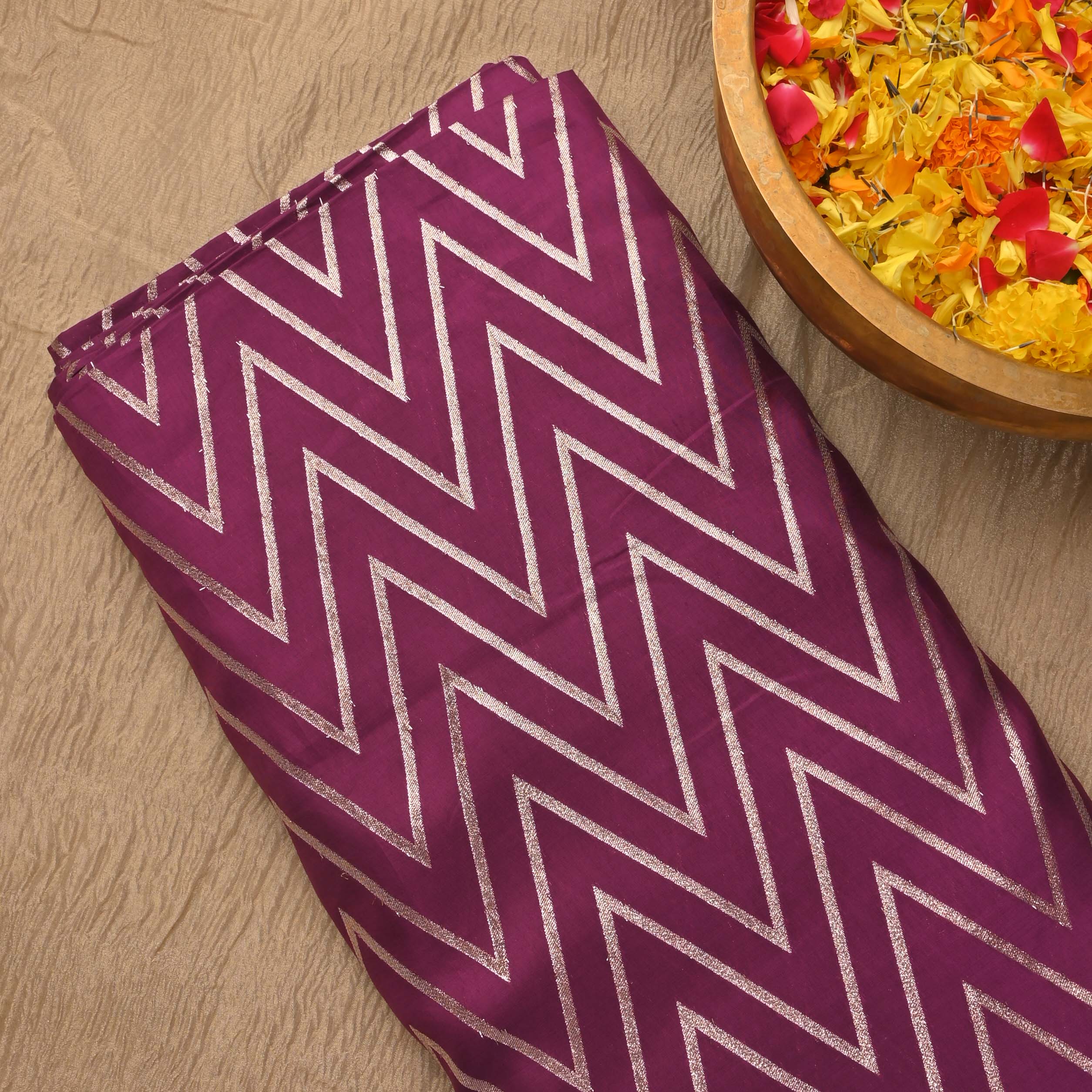 Pansy Purple Zig-Zag Brocade Banarasi Fabric