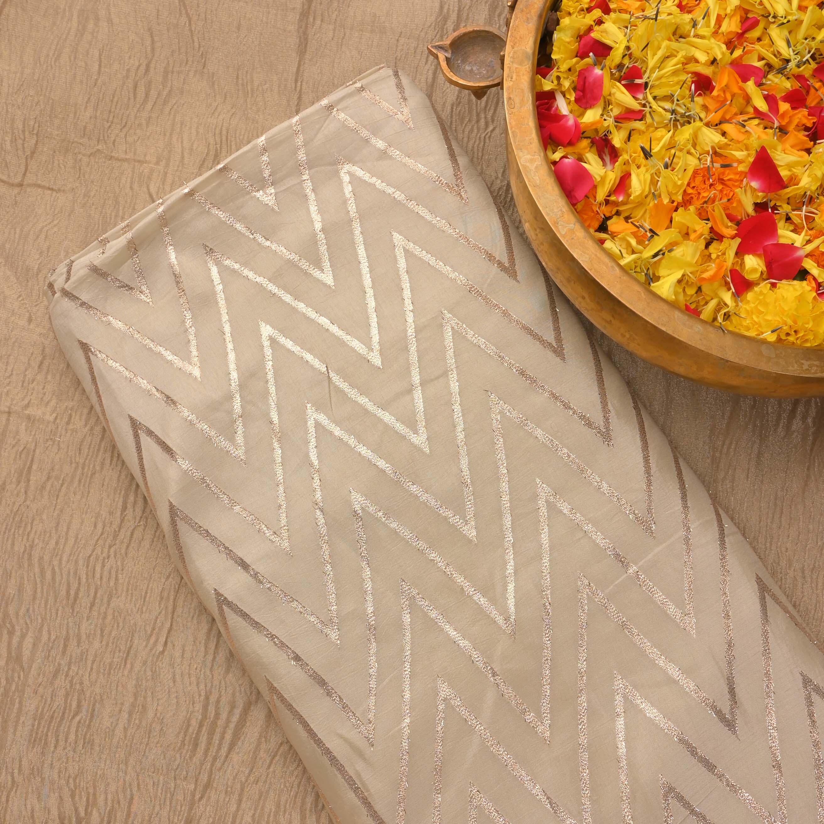 Merino White Zig-Zag Brocade Banarasi Fabric