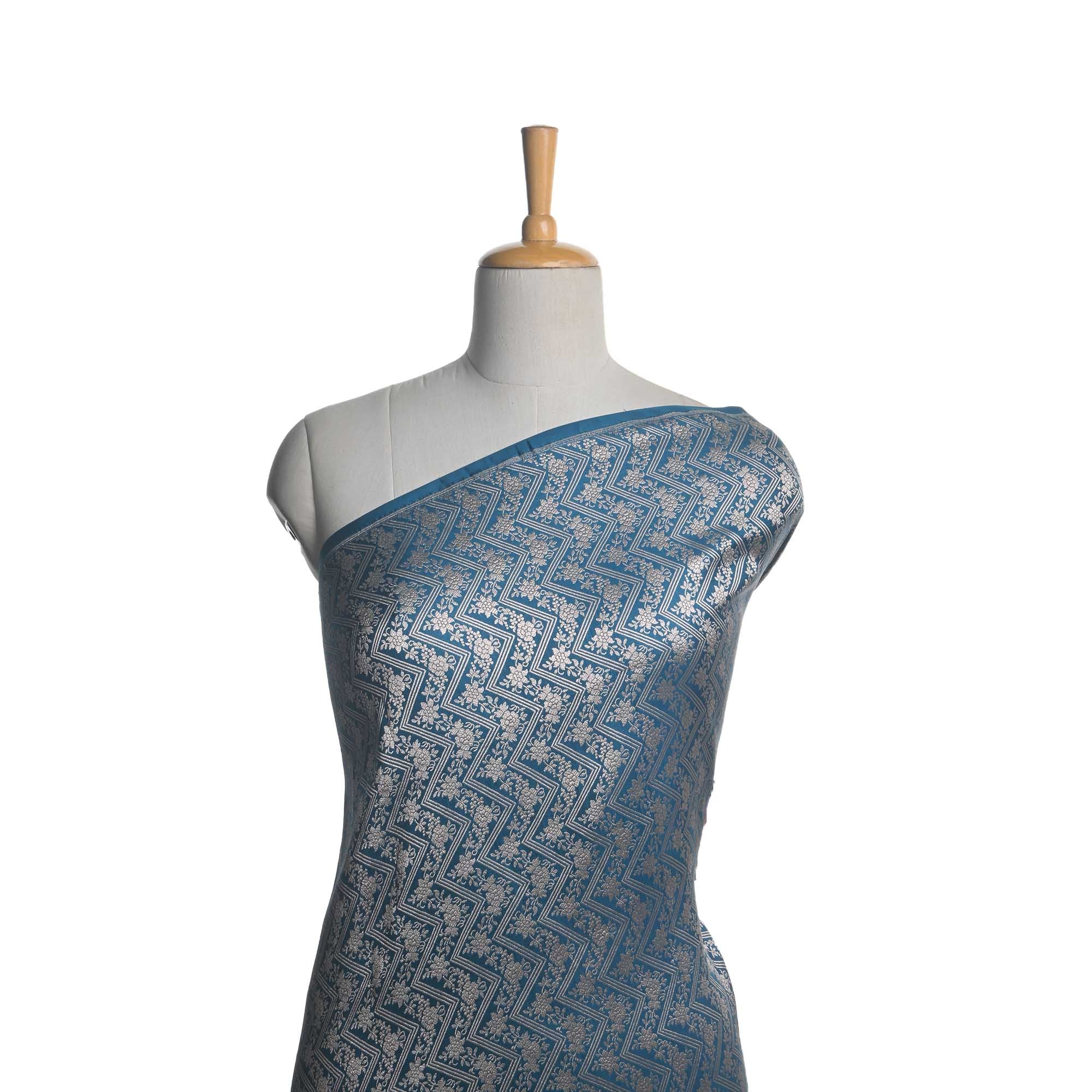 Bermuda Blue Banarasi Chevron Weave Fabric