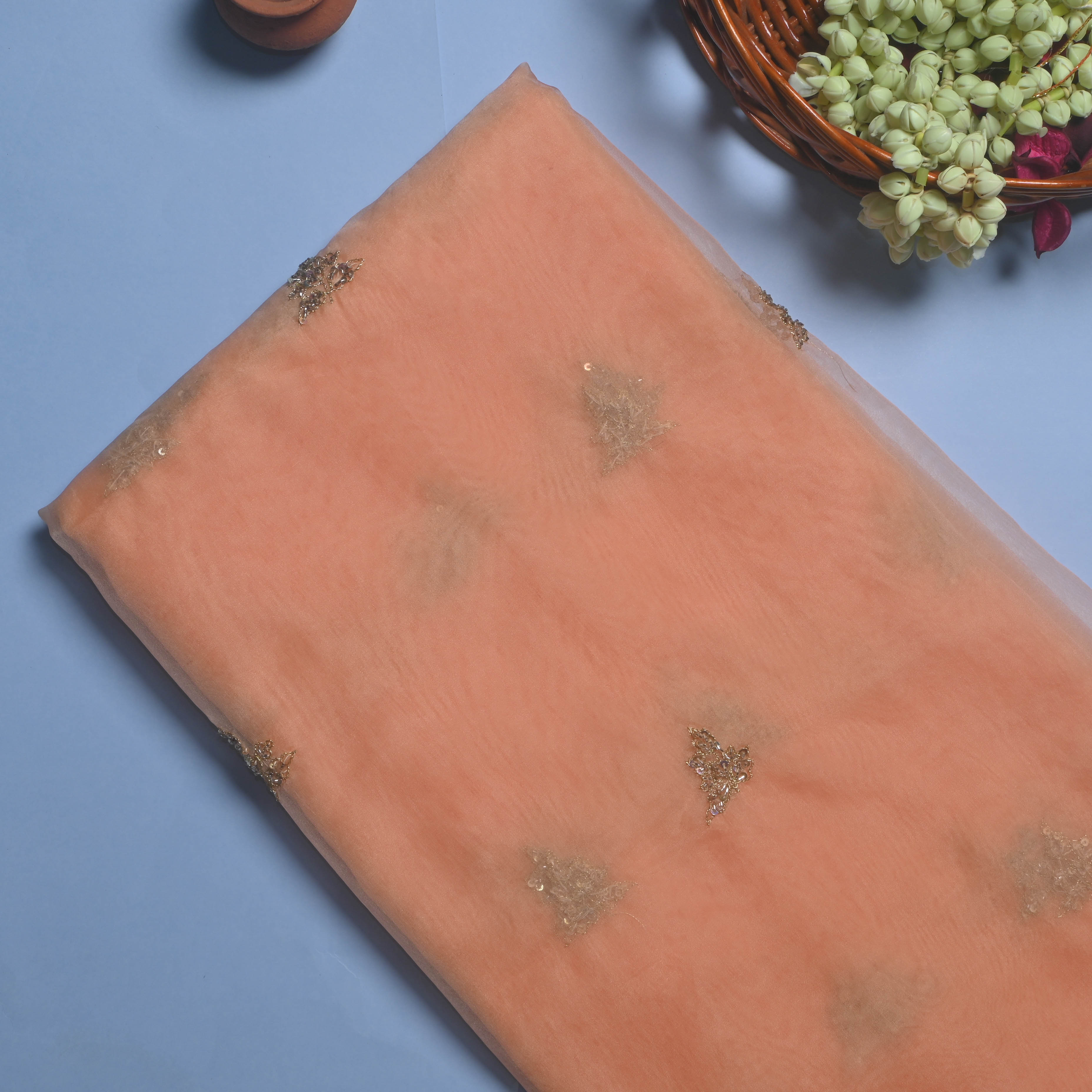 Peach Pink Buttis Organza Embroidery Fabric