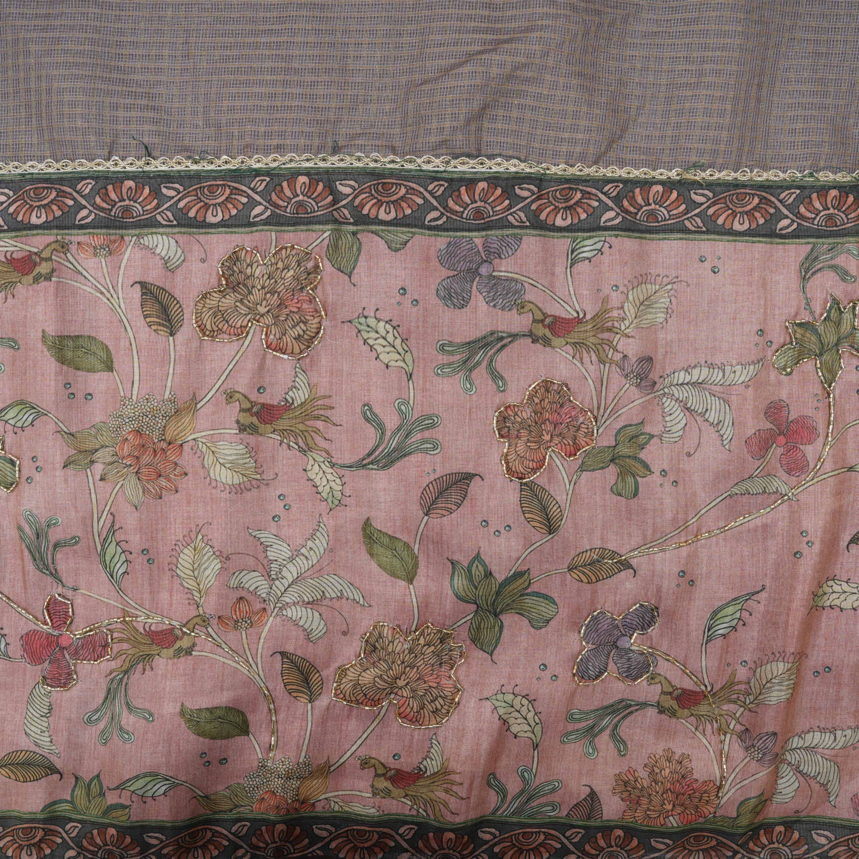 Sand Stone Brown Checks And Floral Contrast Border Kota Fabric