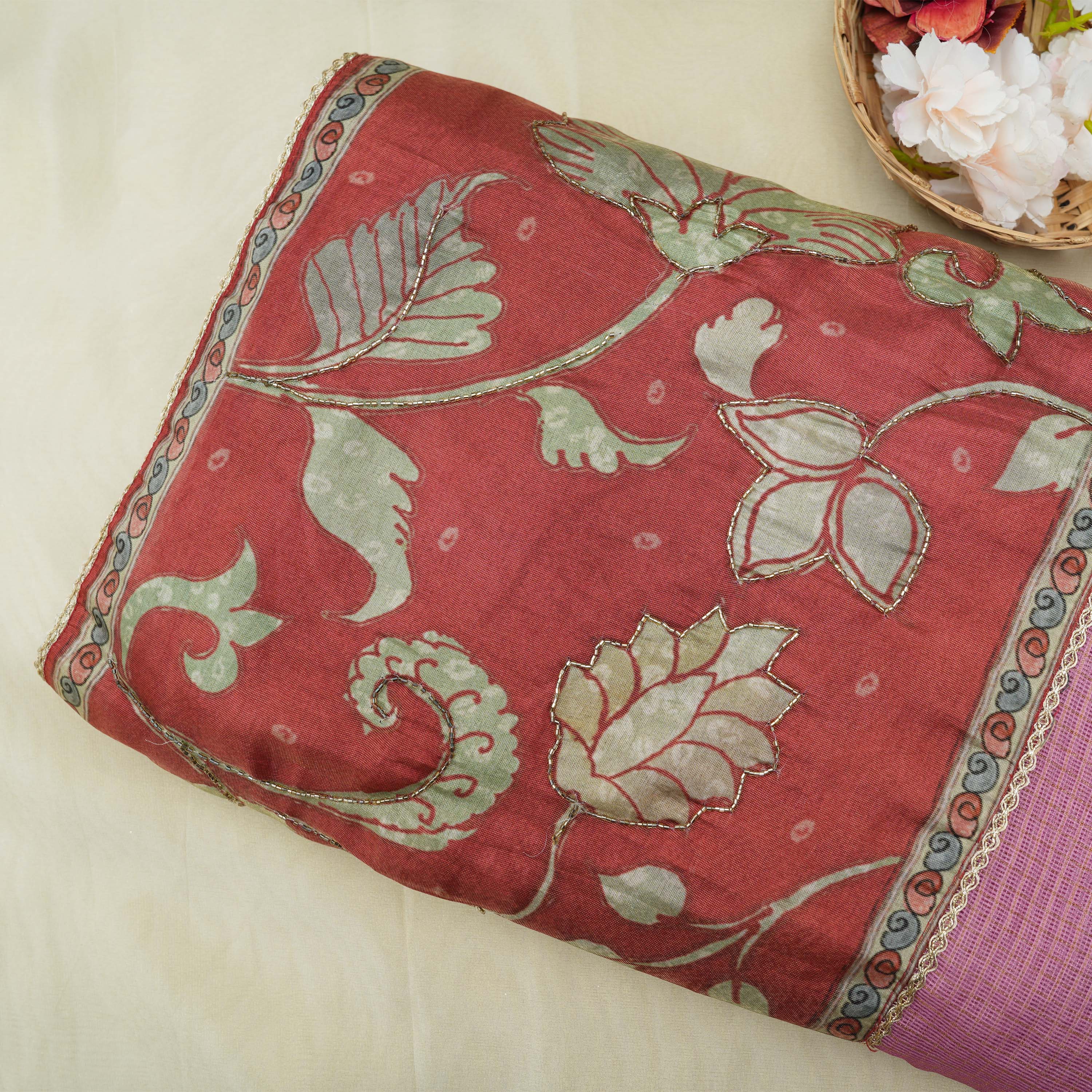 Turkish Rose Pink Checks And Floral Contrast Border Kota Fabric