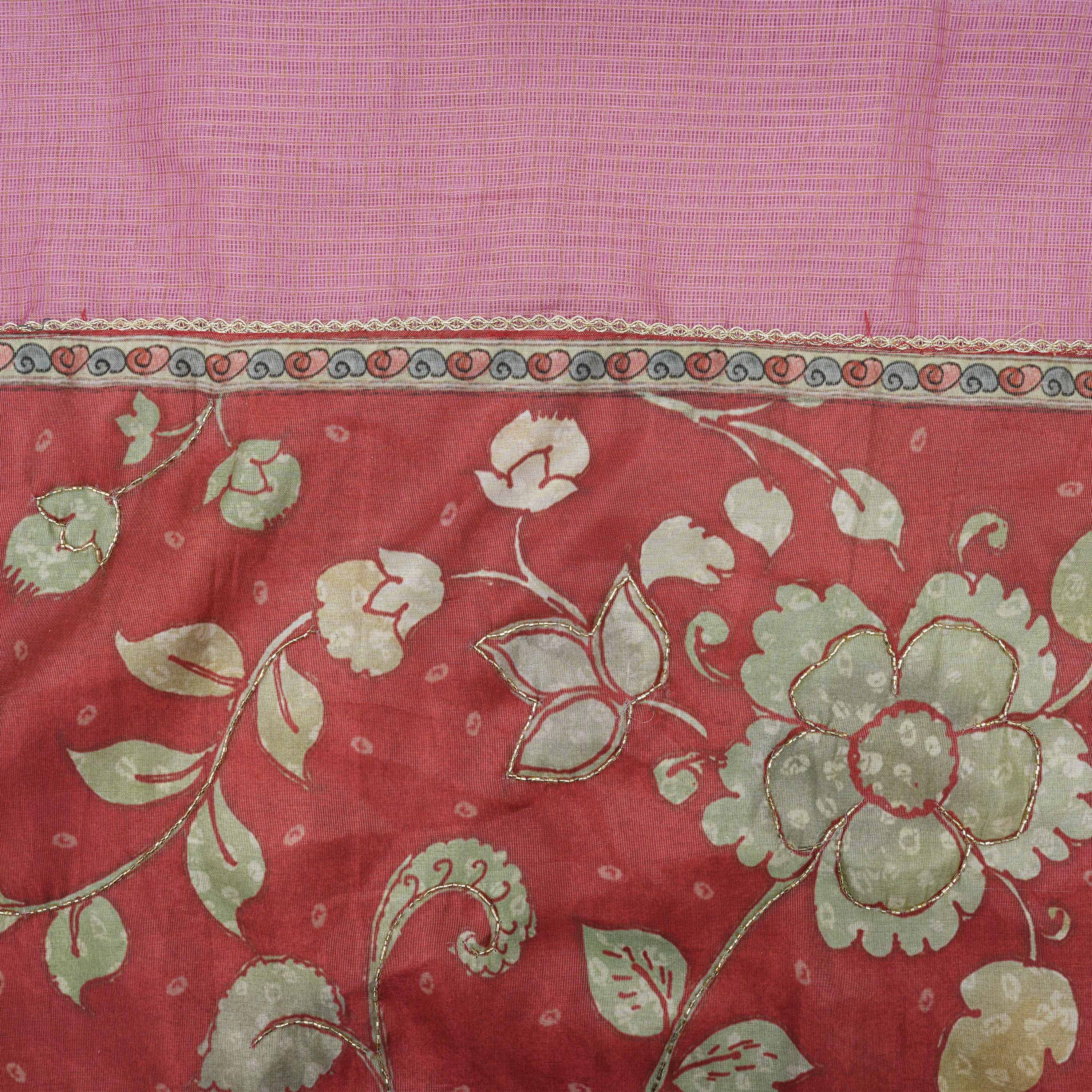 Turkish Rose Pink Checks And Floral Contrast Border Kota Fabric