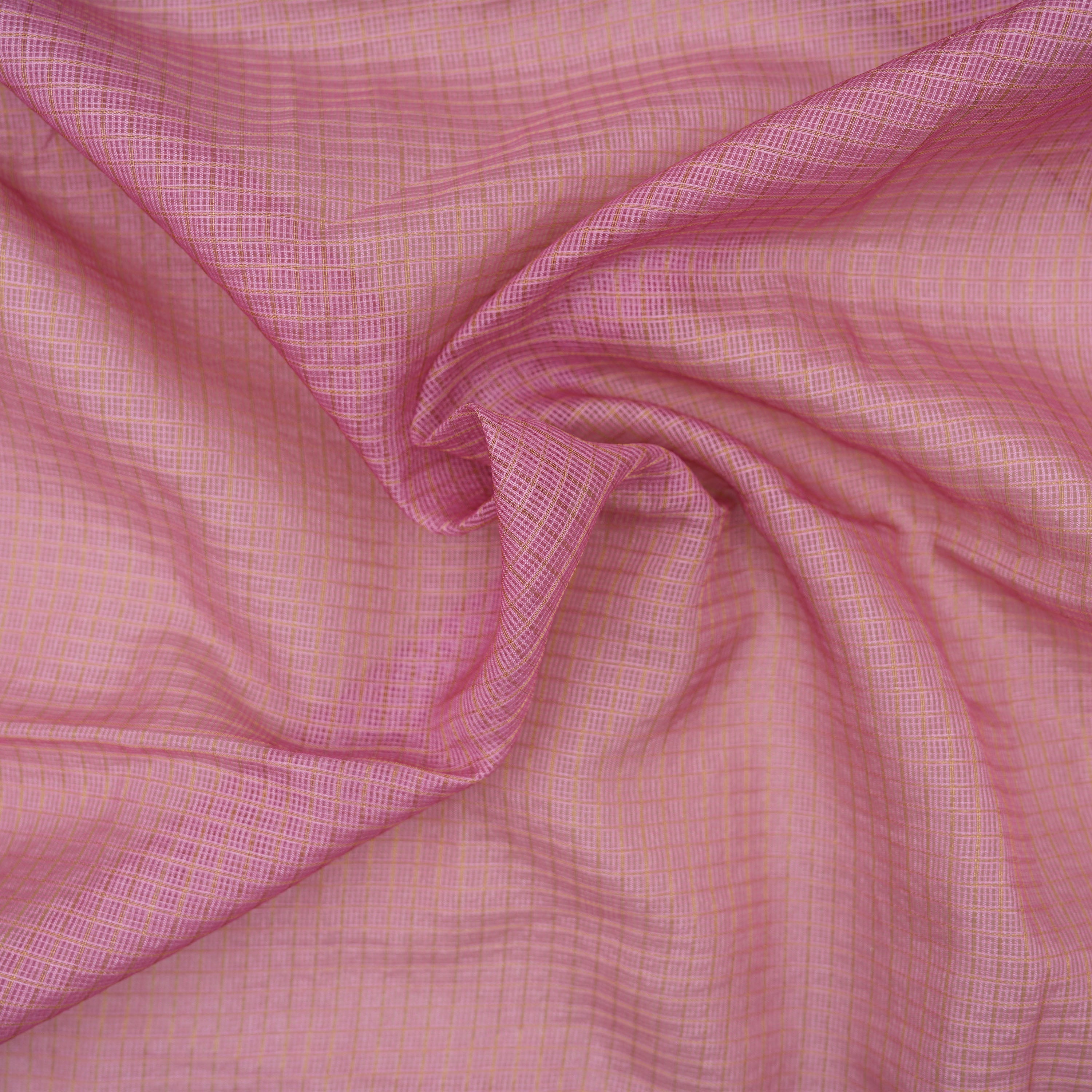 Turkish Rose Pink Checks And Floral Contrast Border Kota Fabric