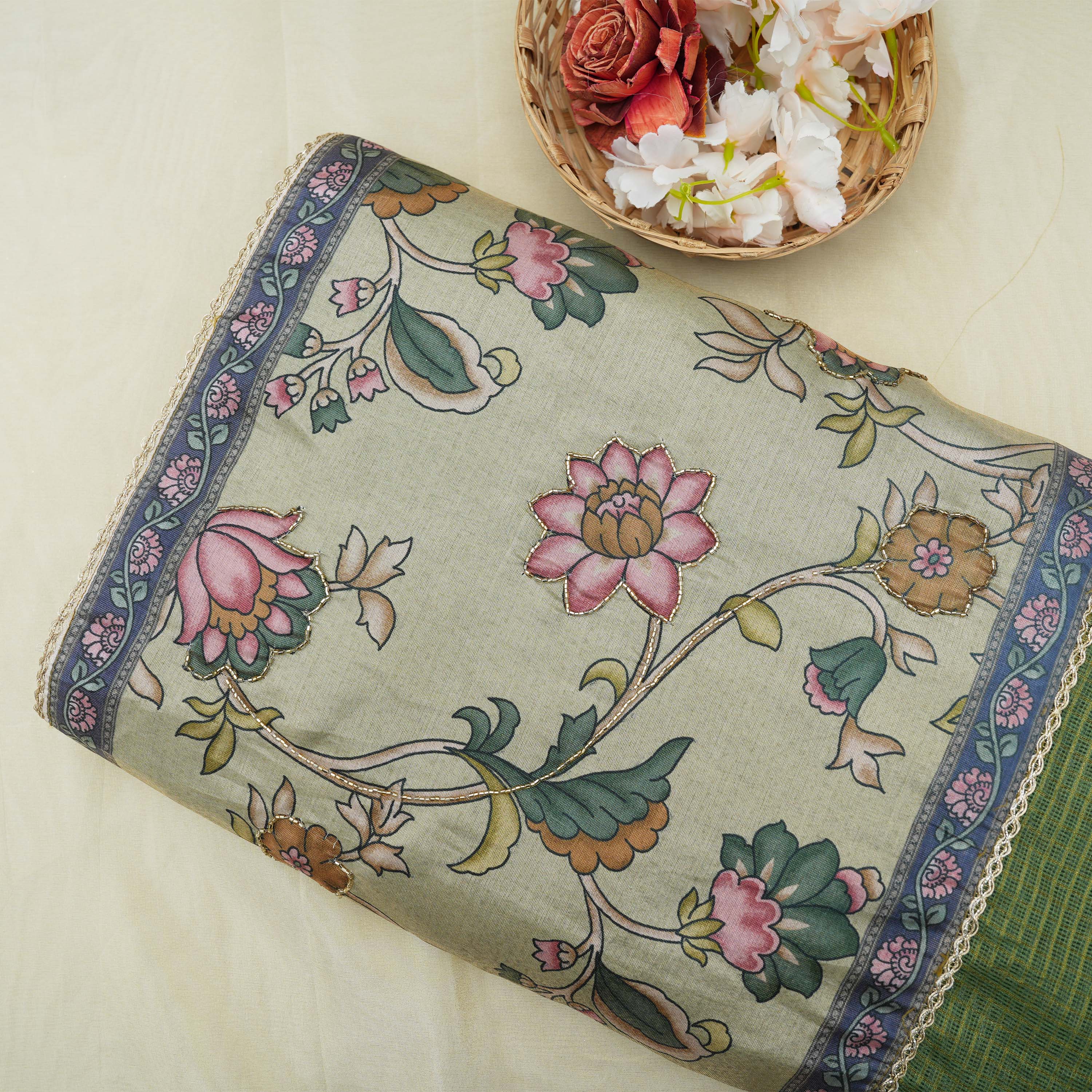 Hazel Green Checks And Kalamkari Contrast Border Kota Fabric