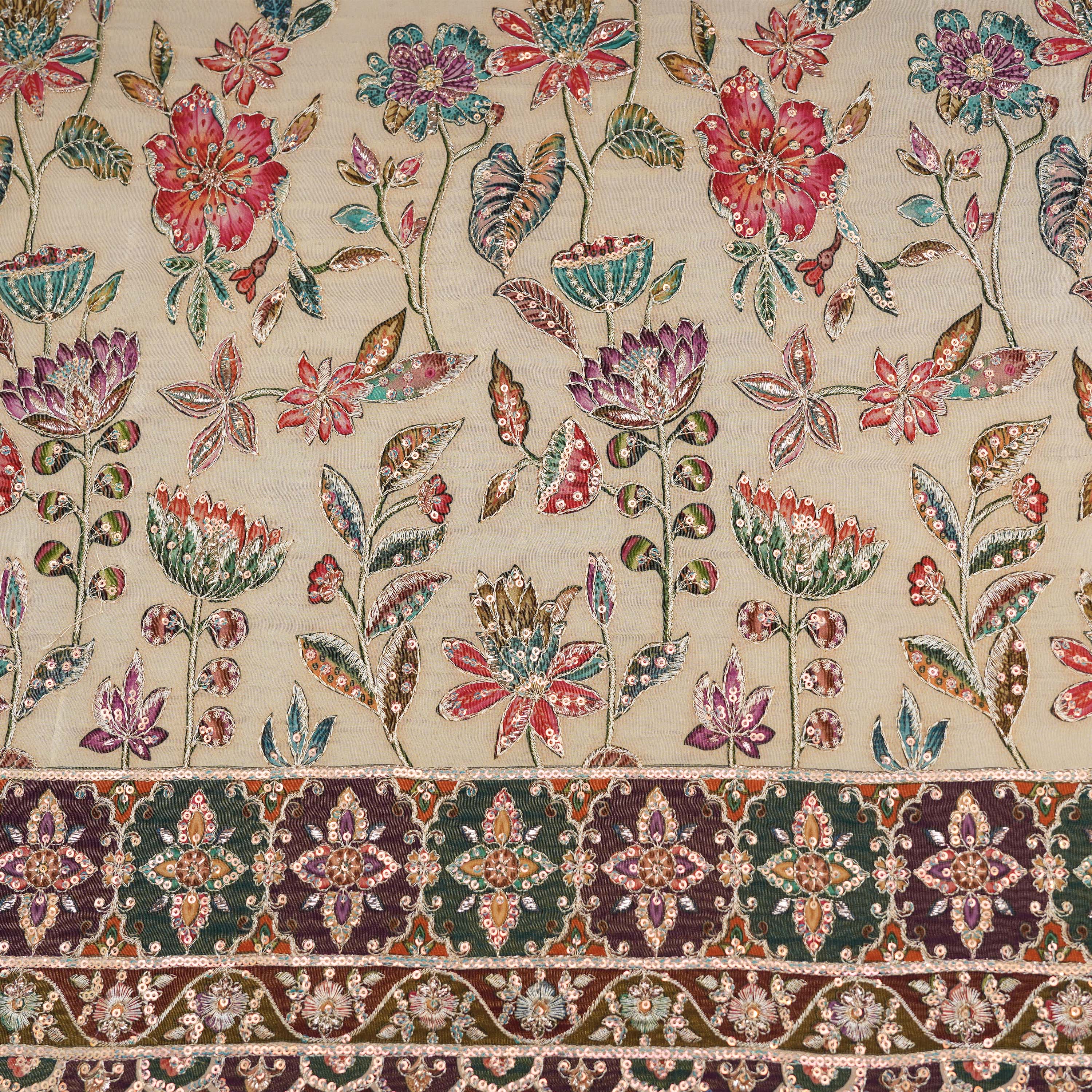 Beige Multicolor Floral Tissue With Sequin Embroidery