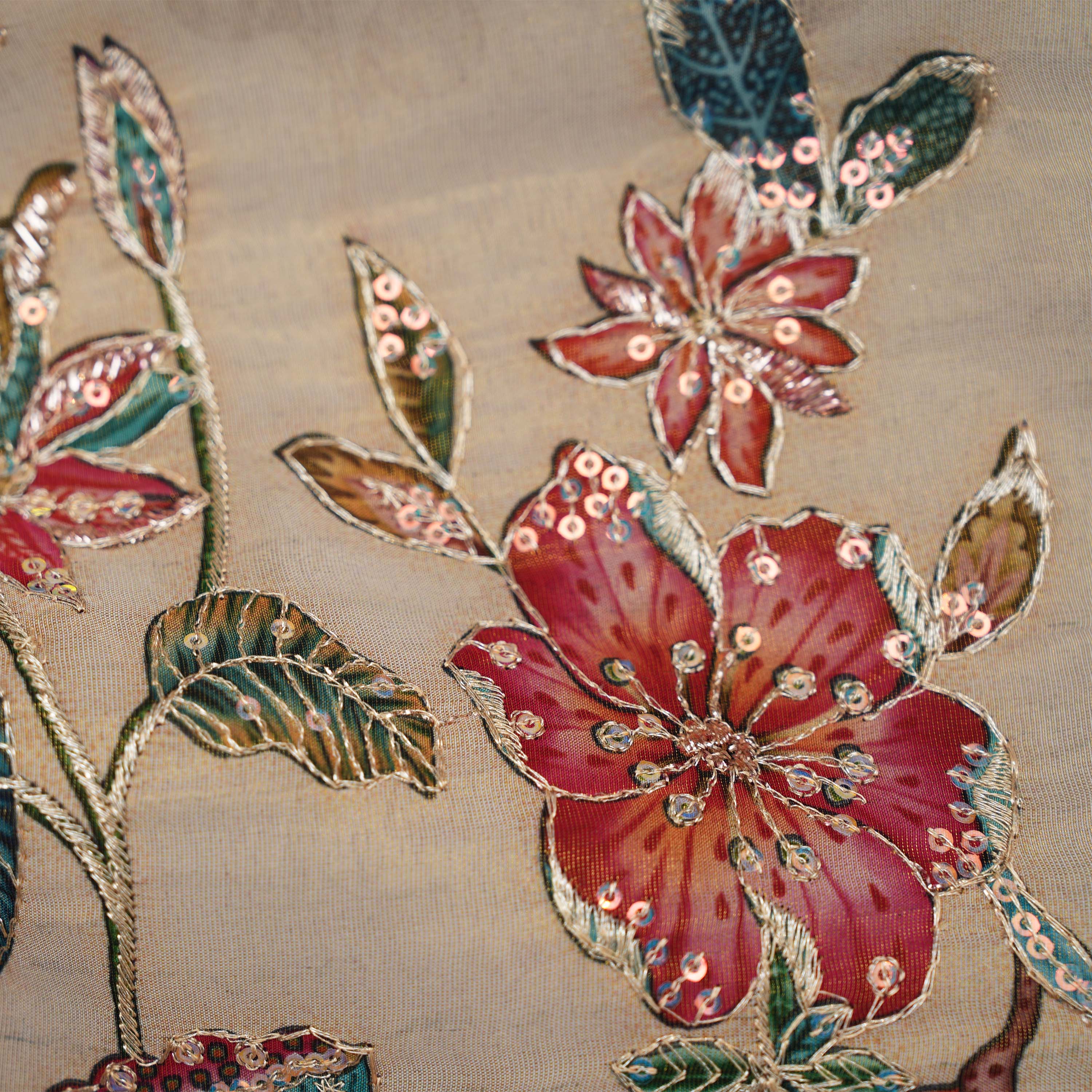 Beige Multicolor Floral Tissue With Sequin Embroidery