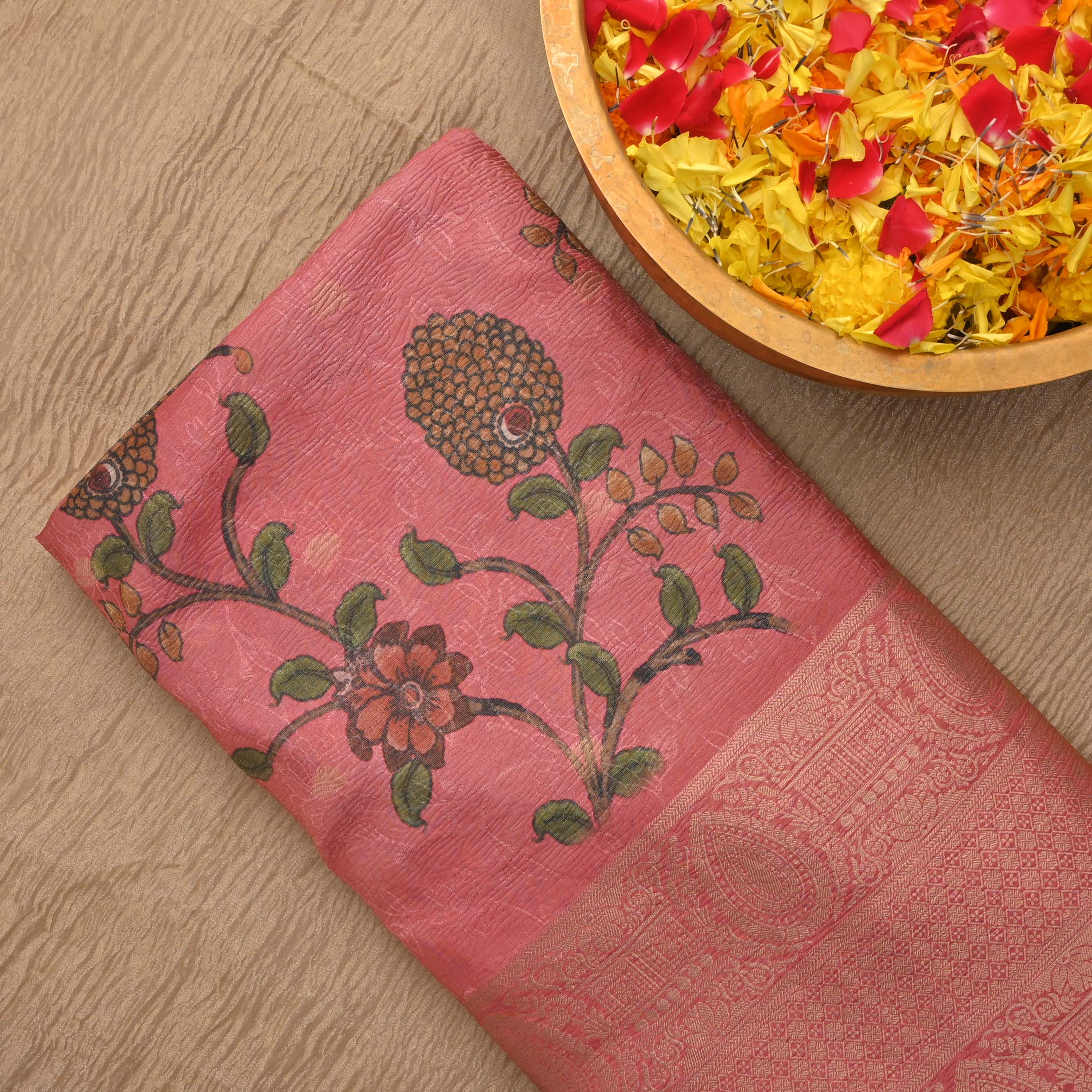 Candy Pink Printed Floral Tissue Fabric