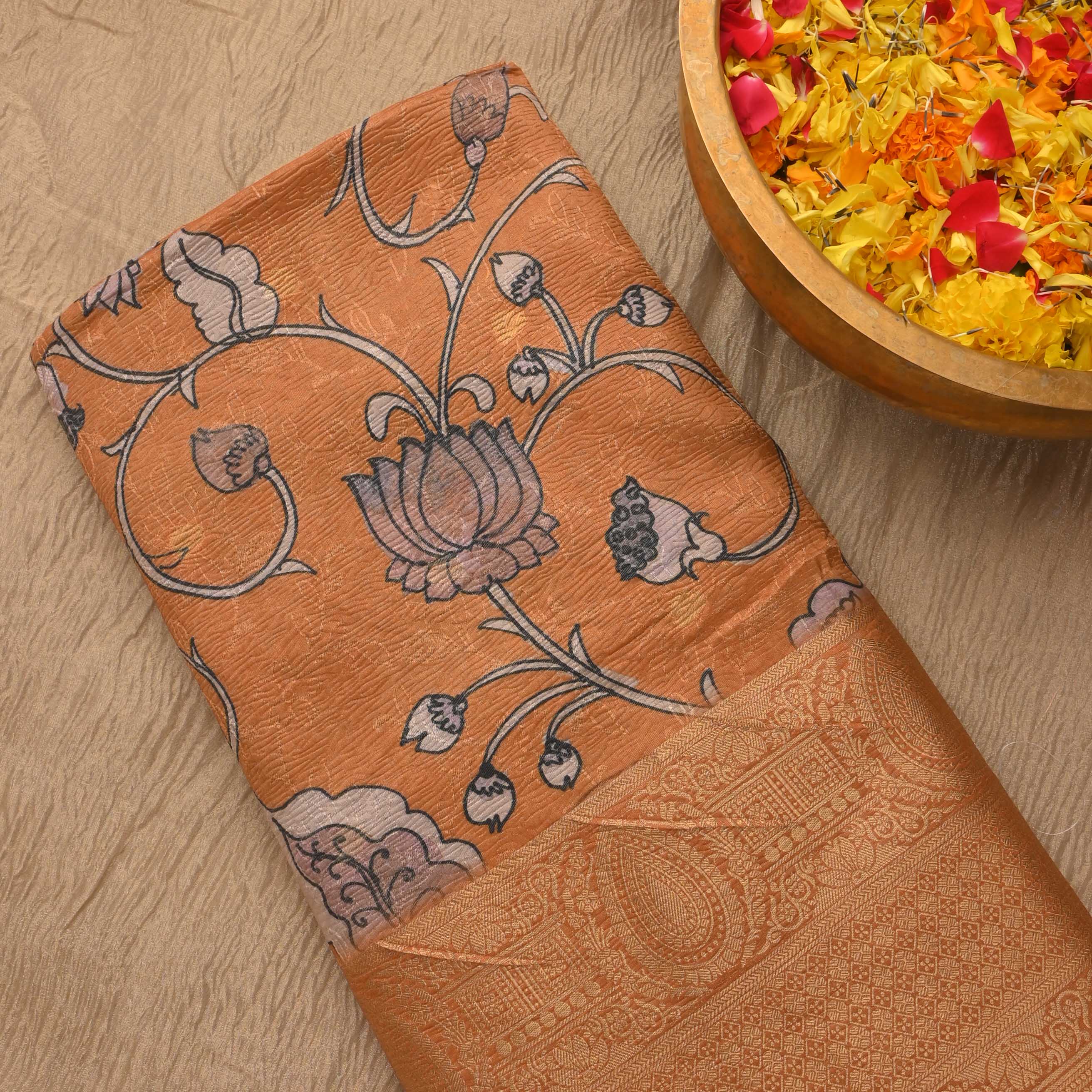 Peru Gold Printed Floral Tissue Fabric