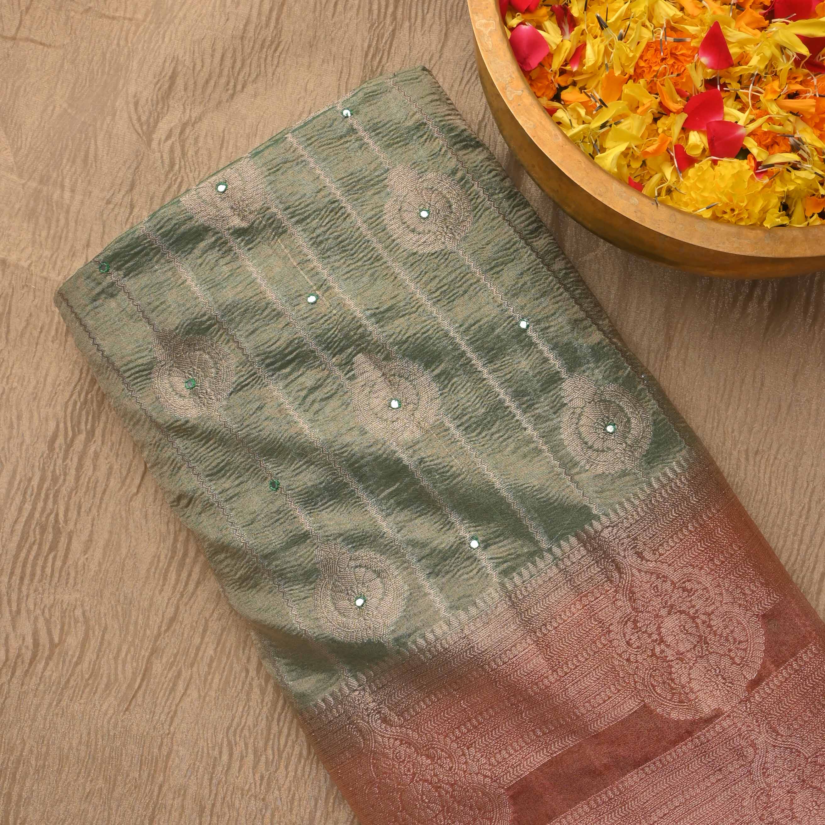 Jade Green Kanchi Tissue Butta Fabric