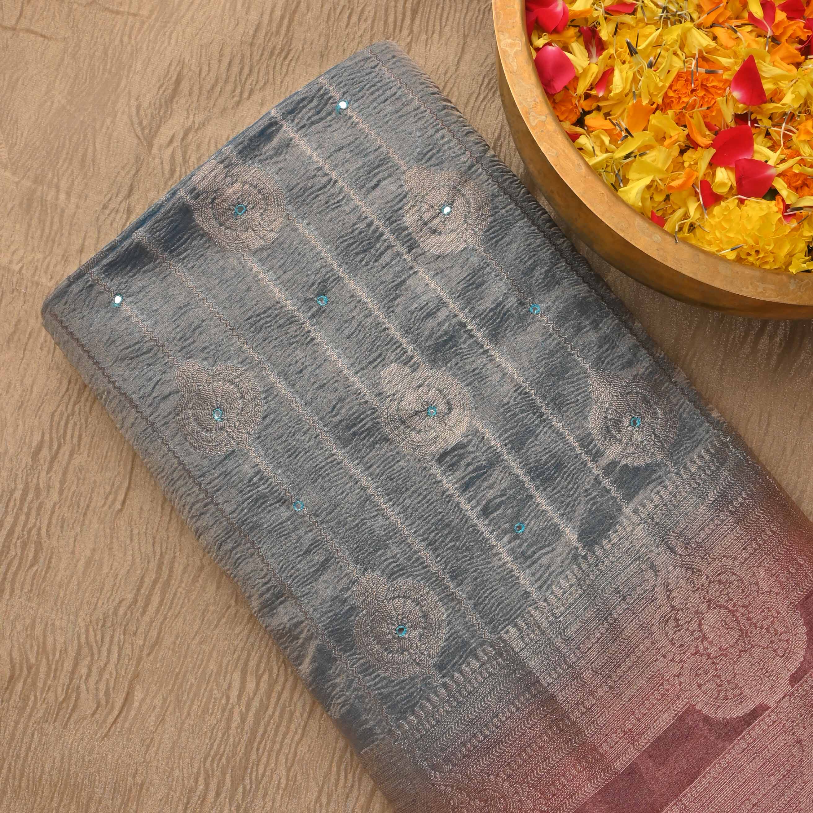 Aluminum Blue Kanchi Tissue Butta Fabric