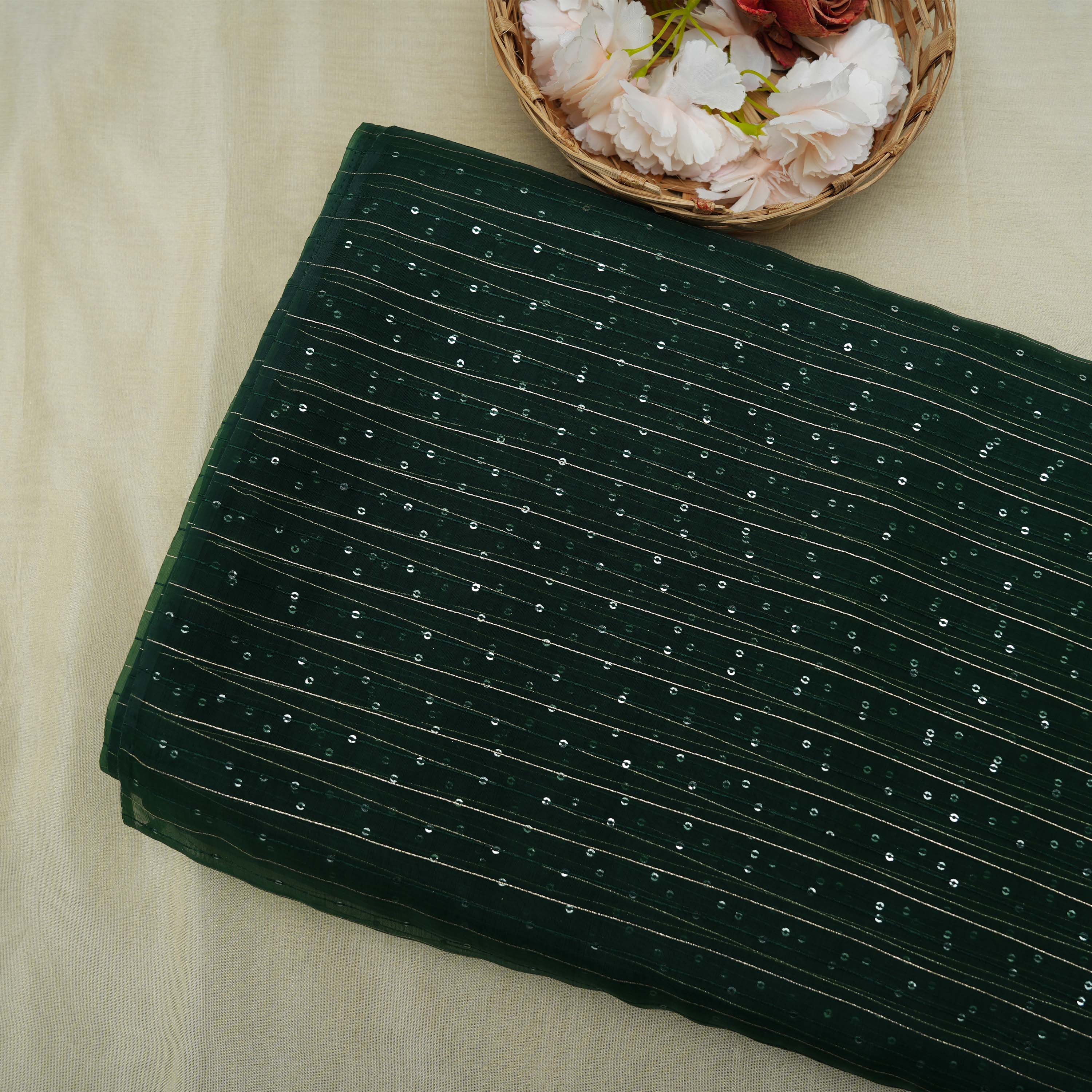 Myrtle Green Sequins Embroidered Organza Fabric