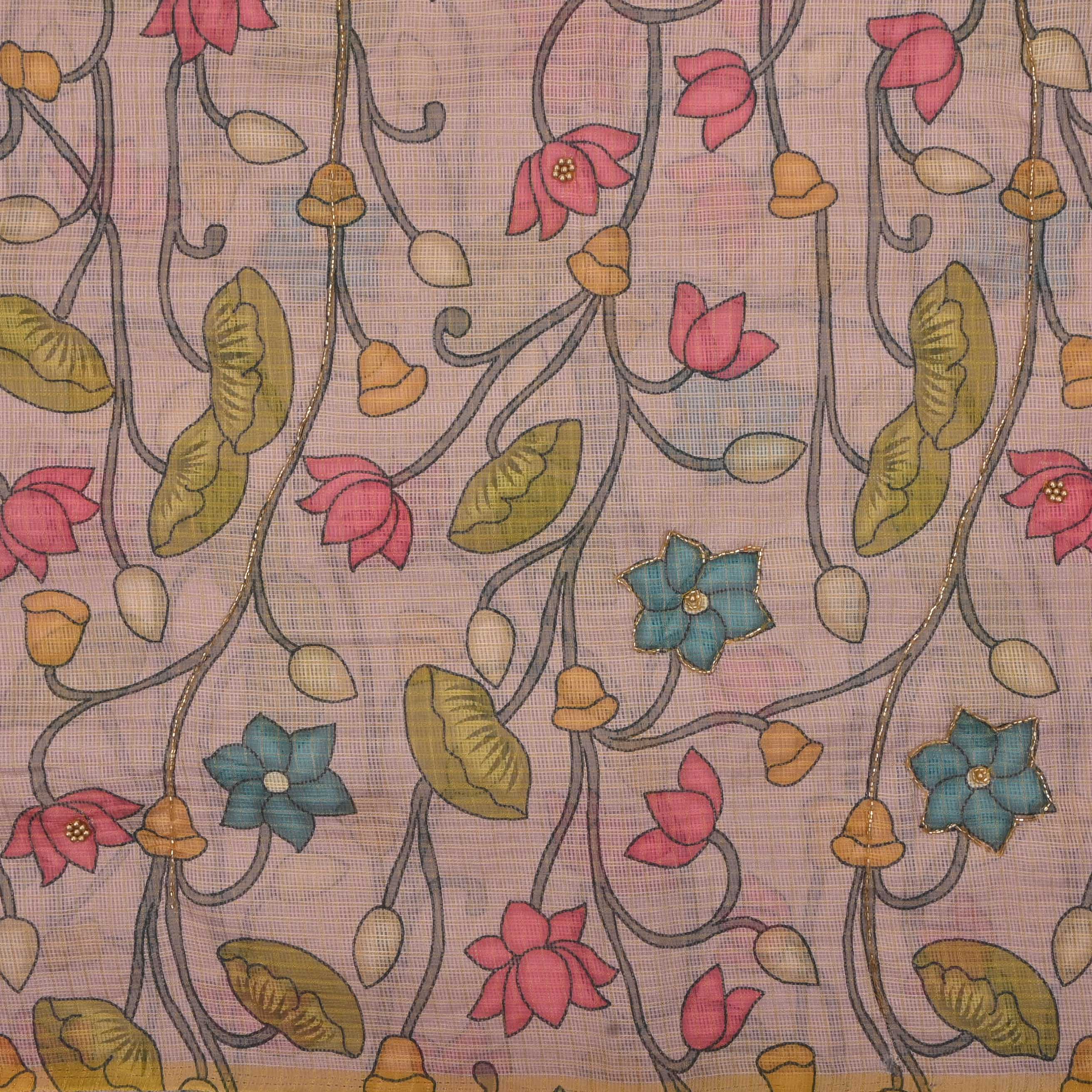 Oyster Pink Printed Kota Fabric With Embroidery