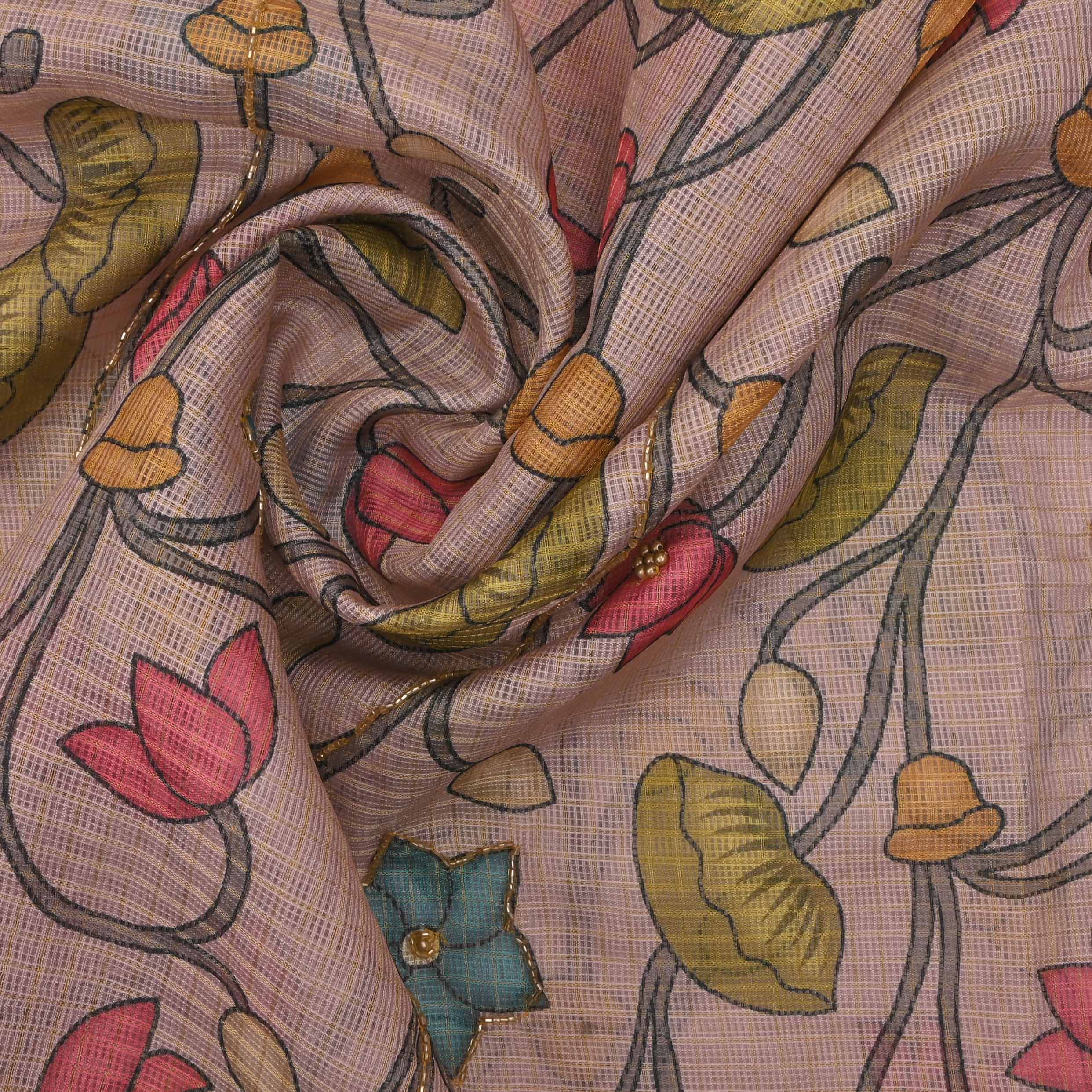 Oyster Pink Printed Kota Fabric With Embroidery