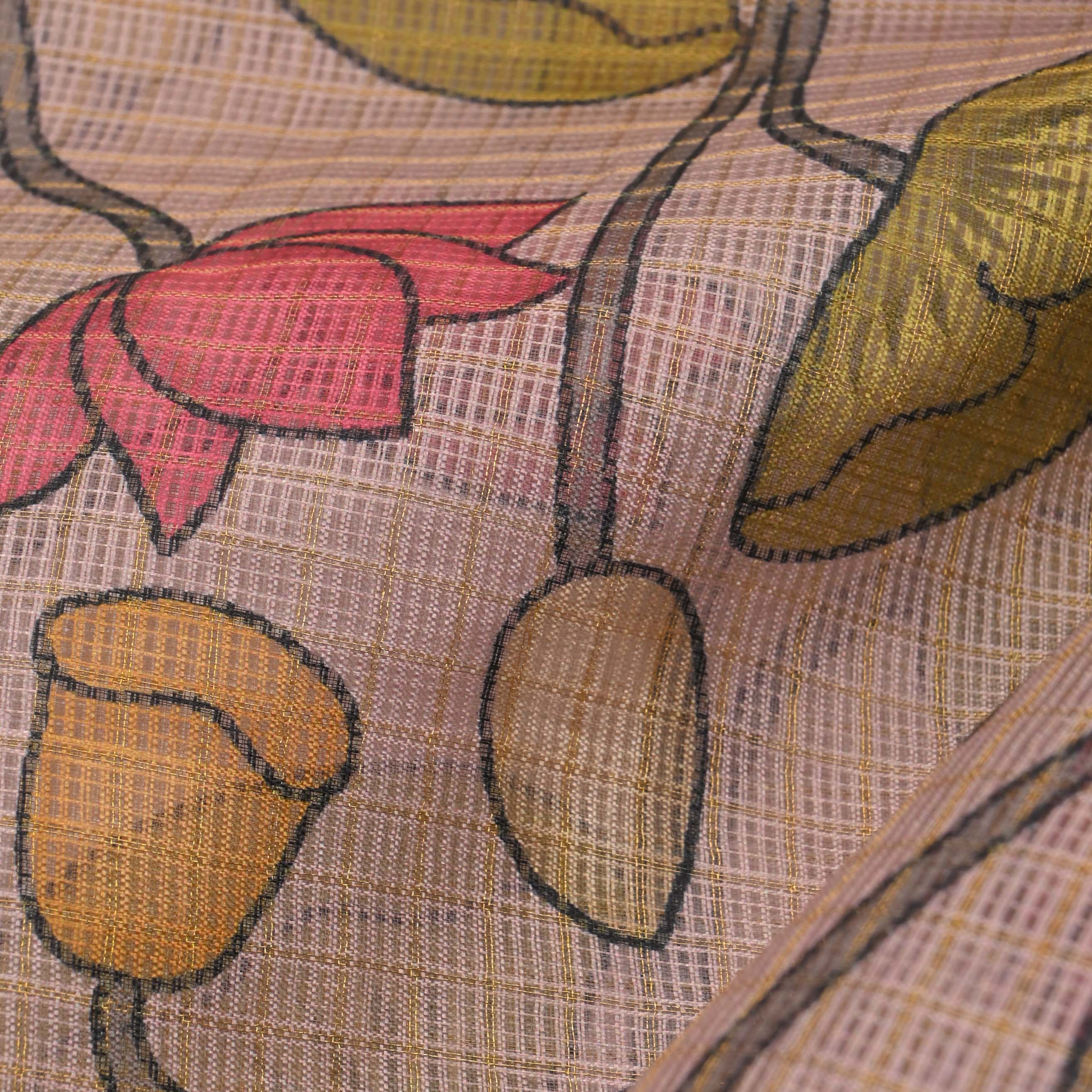 Oyster Pink Printed Kota Fabric With Embroidery