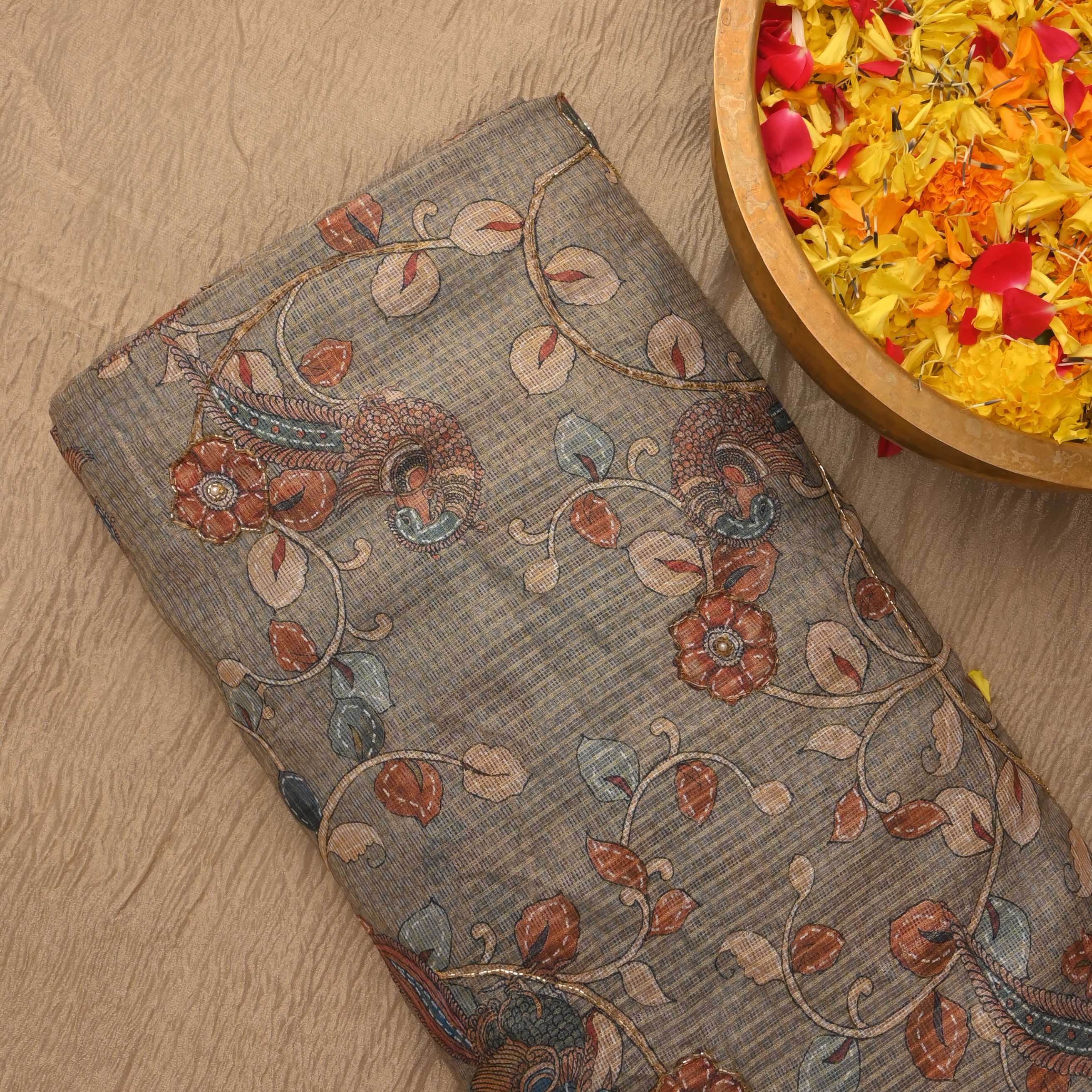 Vintage Grey Printed Kota Fabric With Embroidery