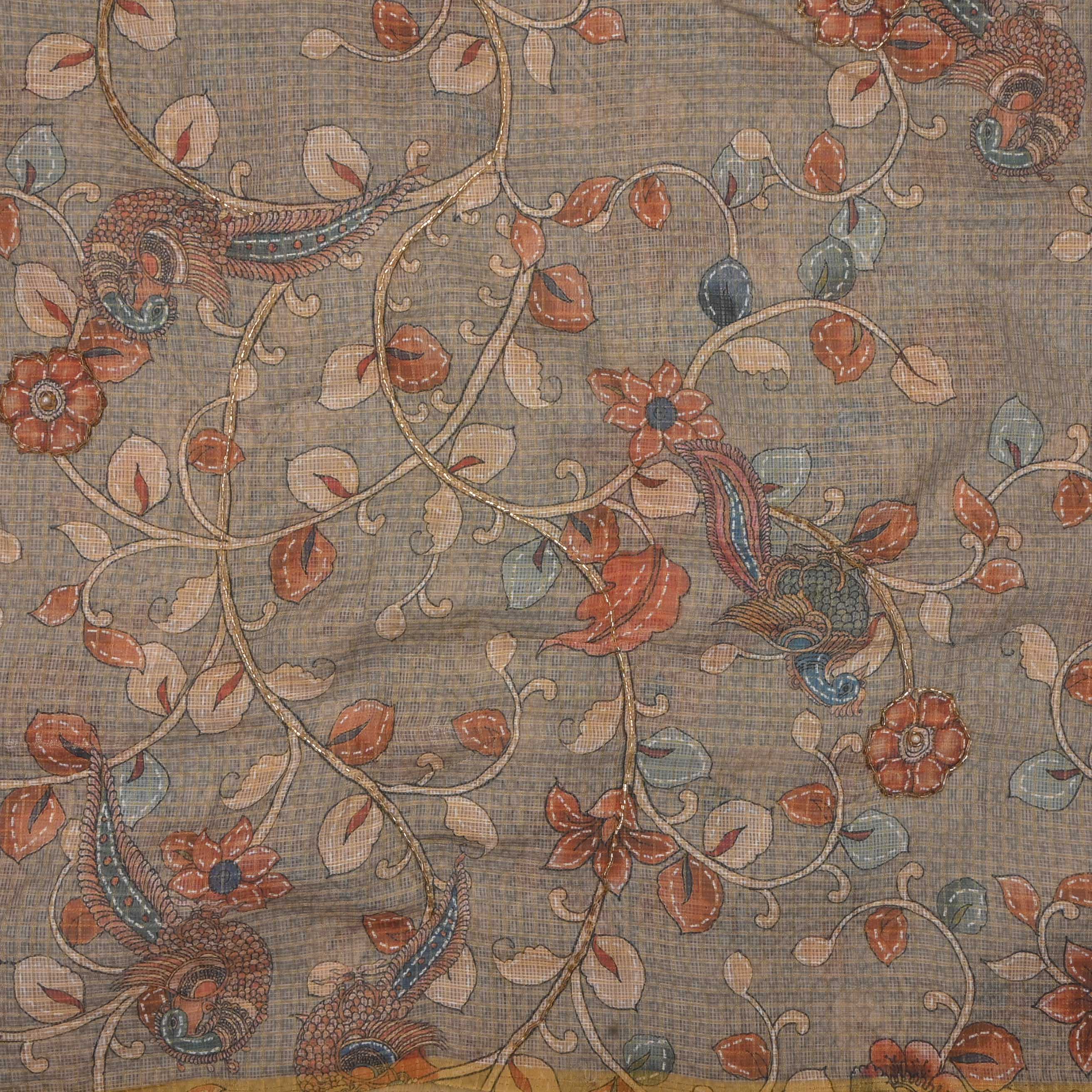 Vintage Grey Printed Kota Fabric With Embroidery