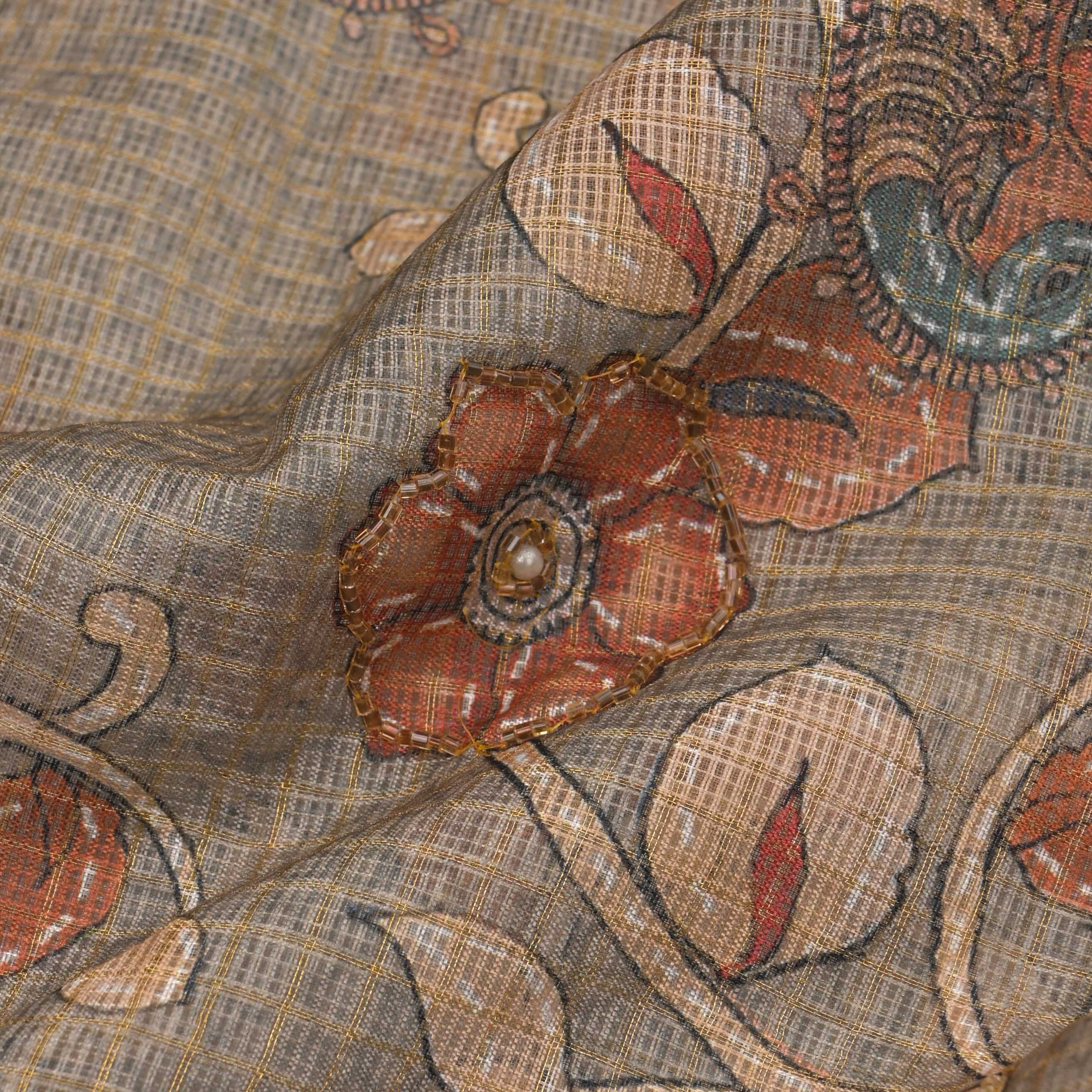 Vintage Grey Printed Kota Fabric With Embroidery