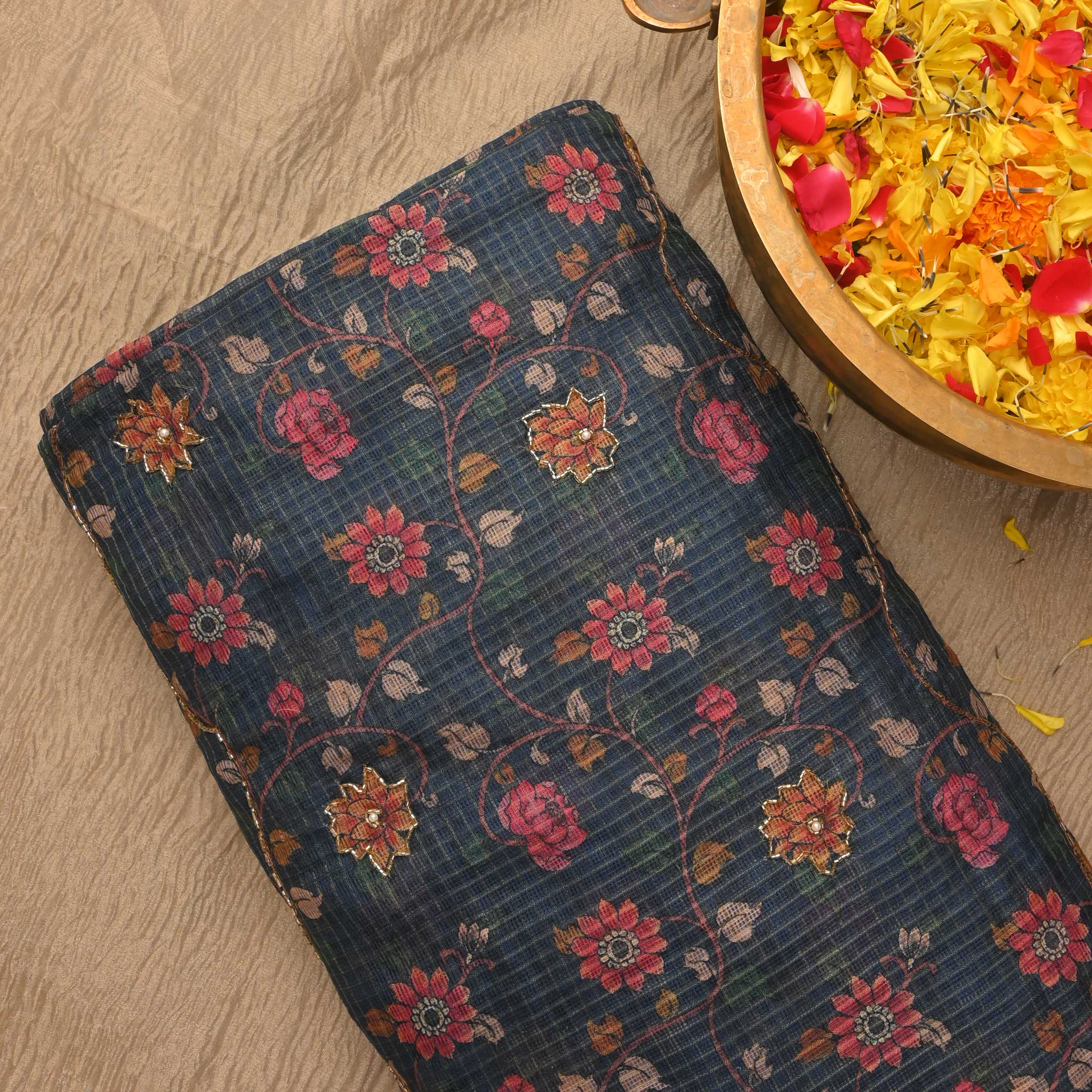 Aegan Blue Printed Kota Fabric With Embroidery