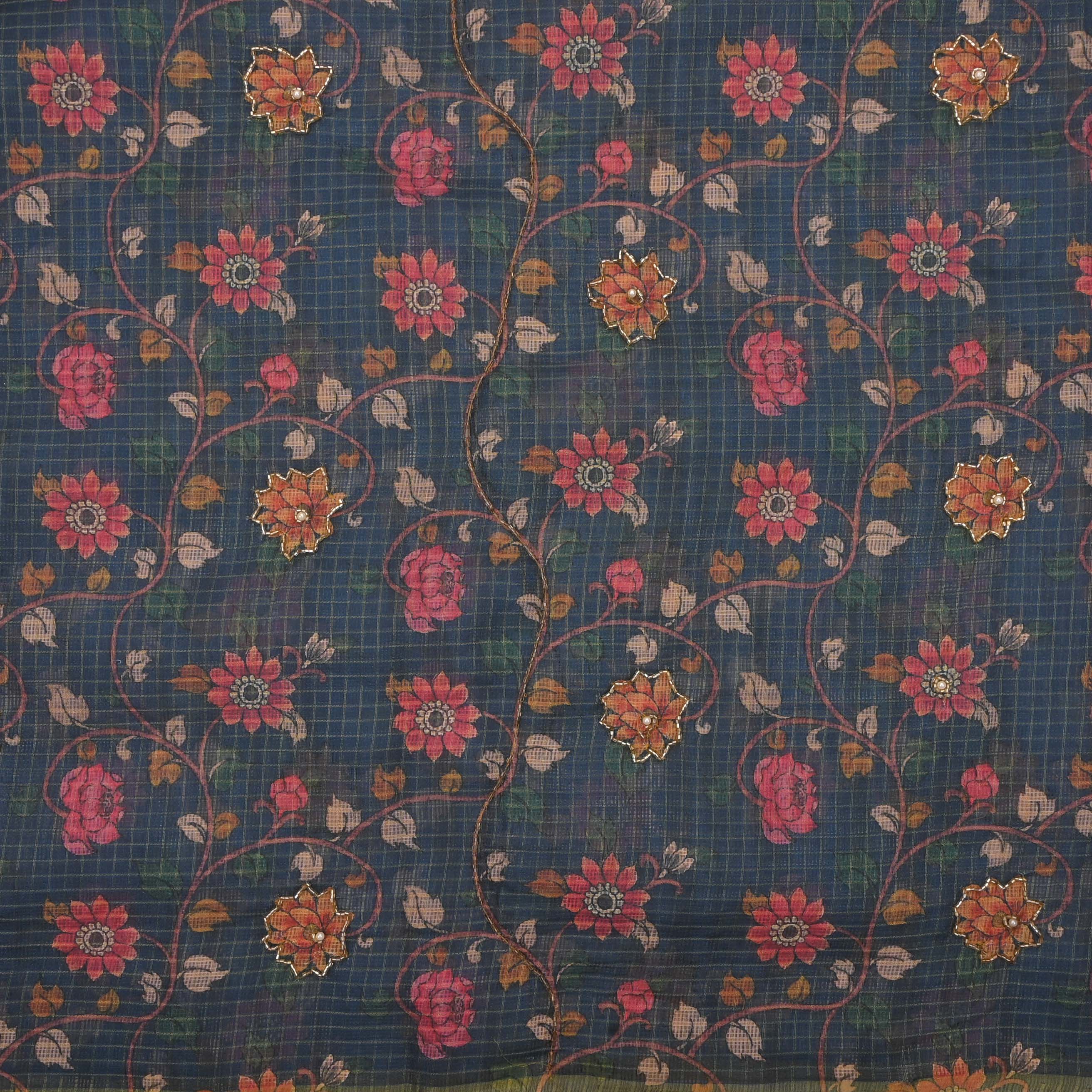 Aegan Blue Printed Kota Fabric With Embroidery