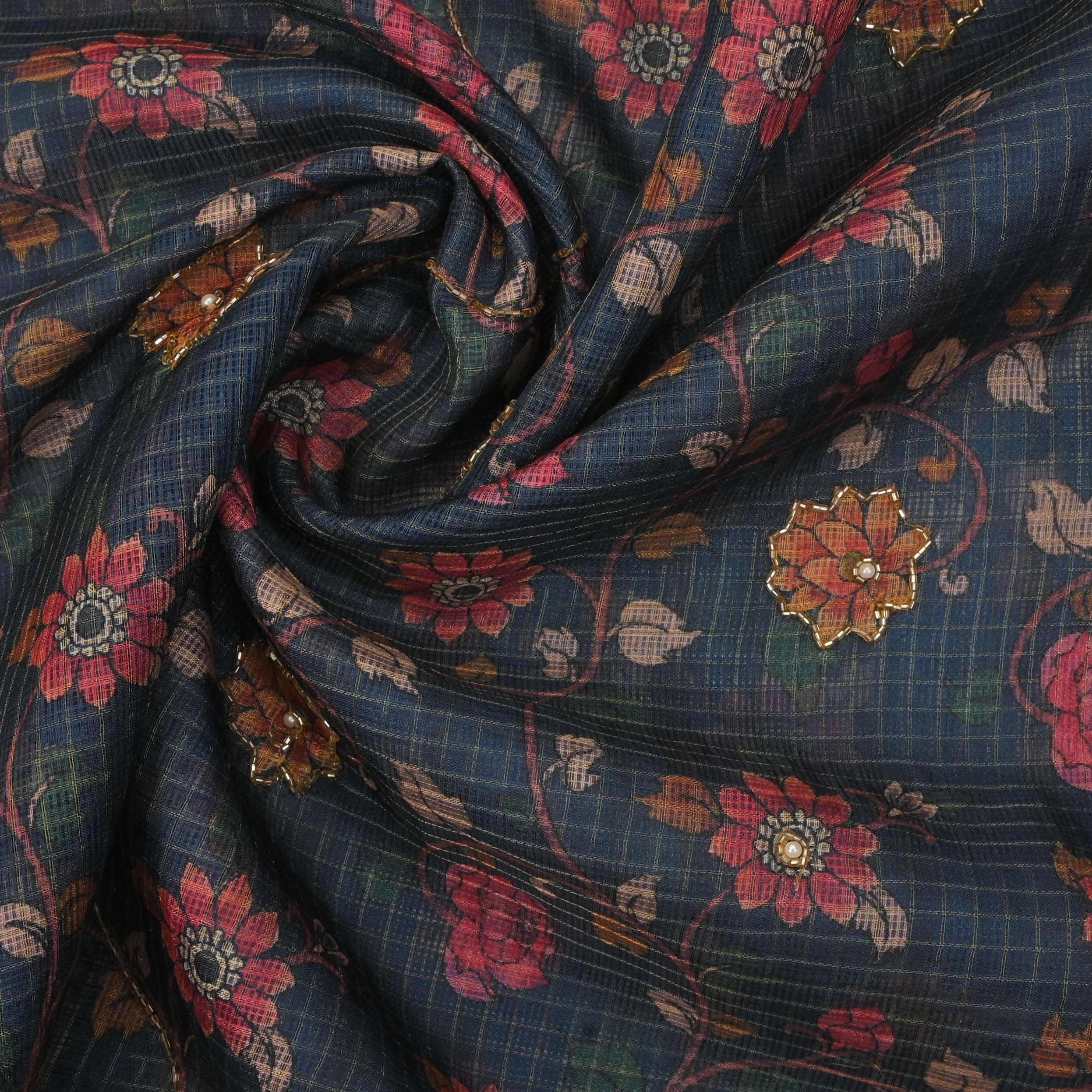 Aegan Blue Printed Kota Fabric With Embroidery
