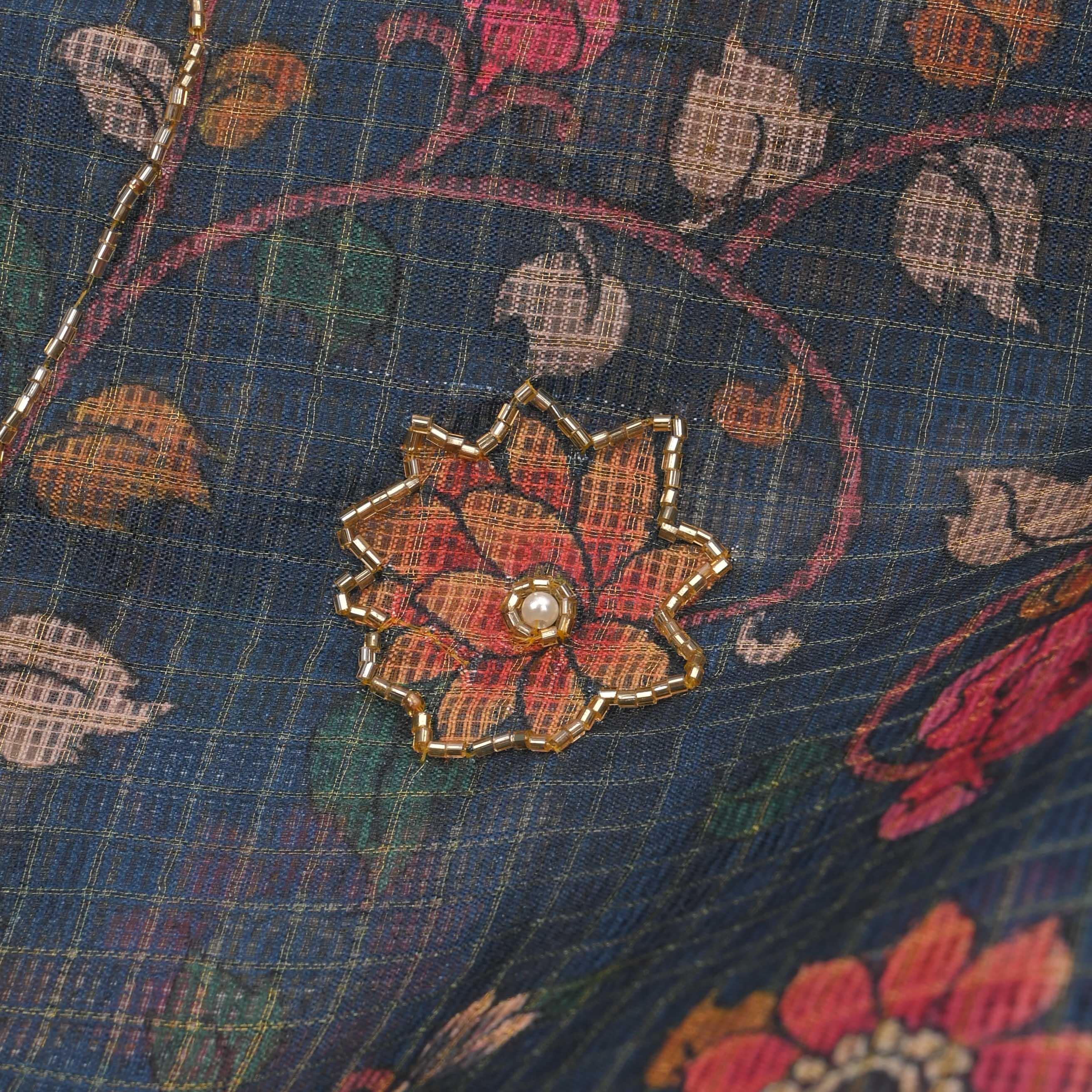 Aegan Blue Printed Kota Fabric With Embroidery