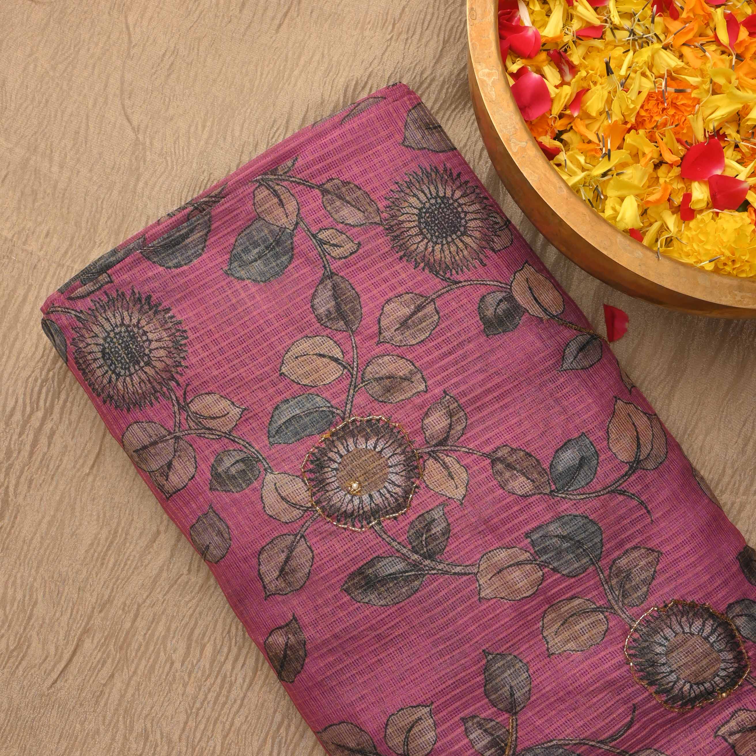 Mulberry Pink Printed Kota Fabric With Embroidery