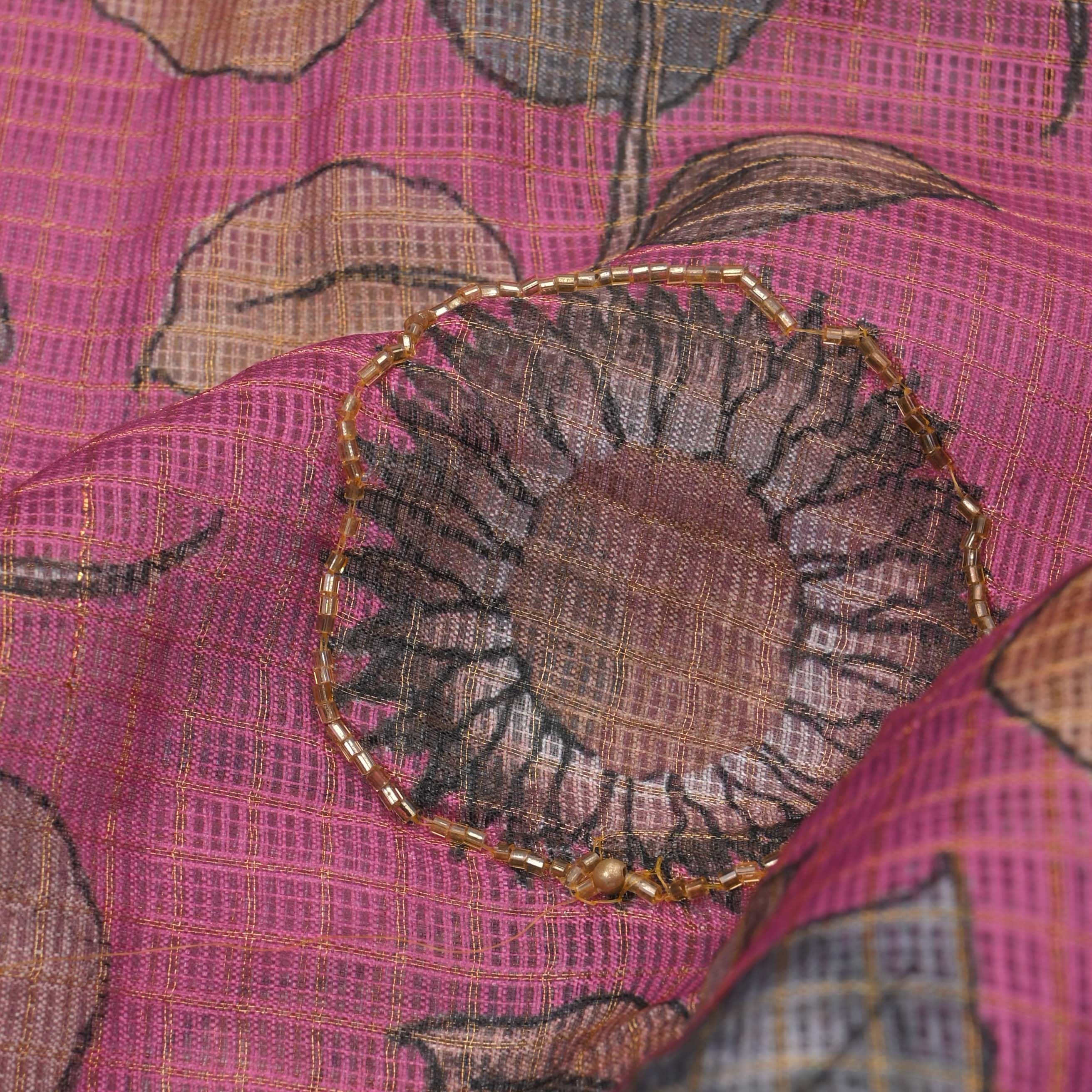 Mulberry Pink Printed Kota Fabric With Embroidery