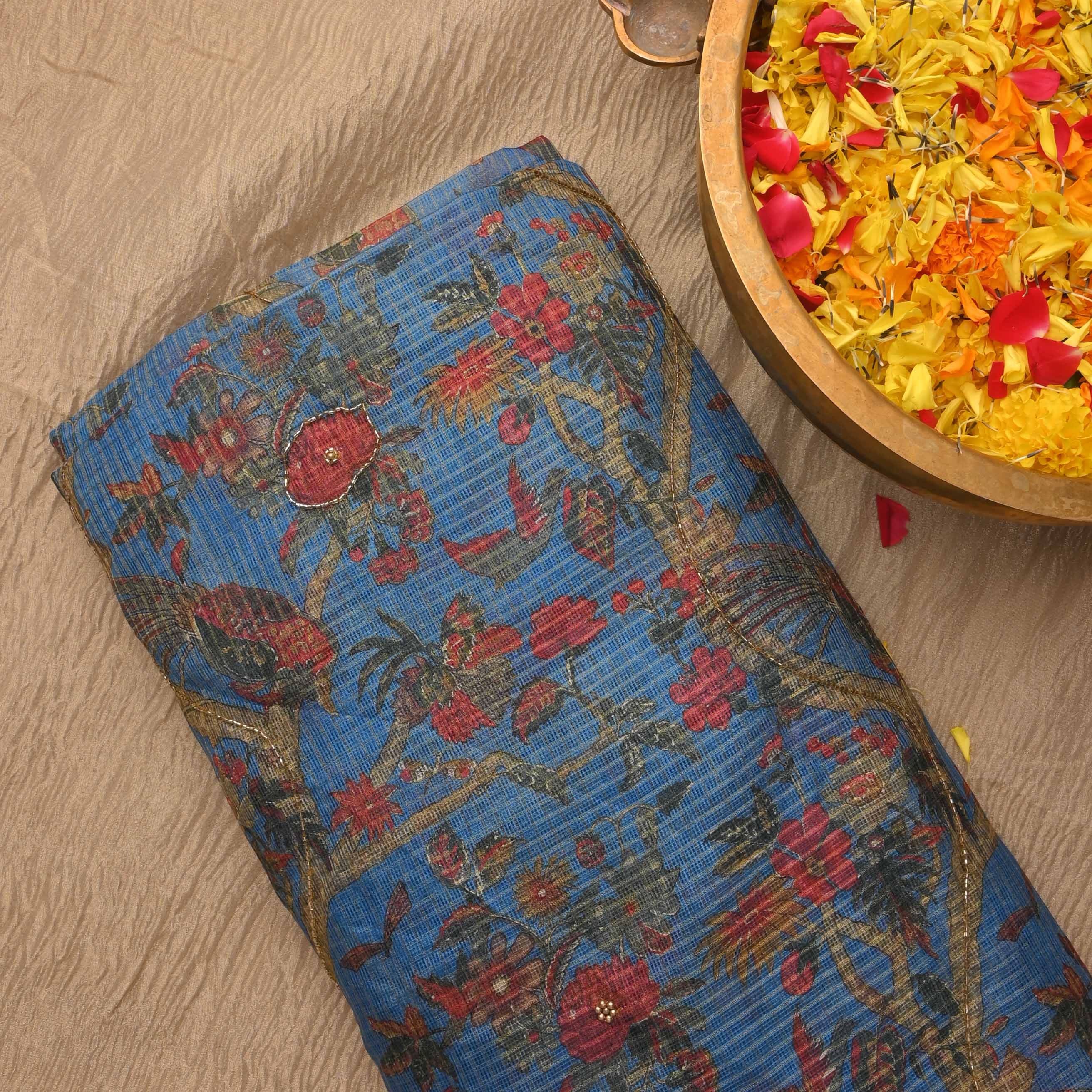 Dell Blue Printed Kota Fabric With Embroidery