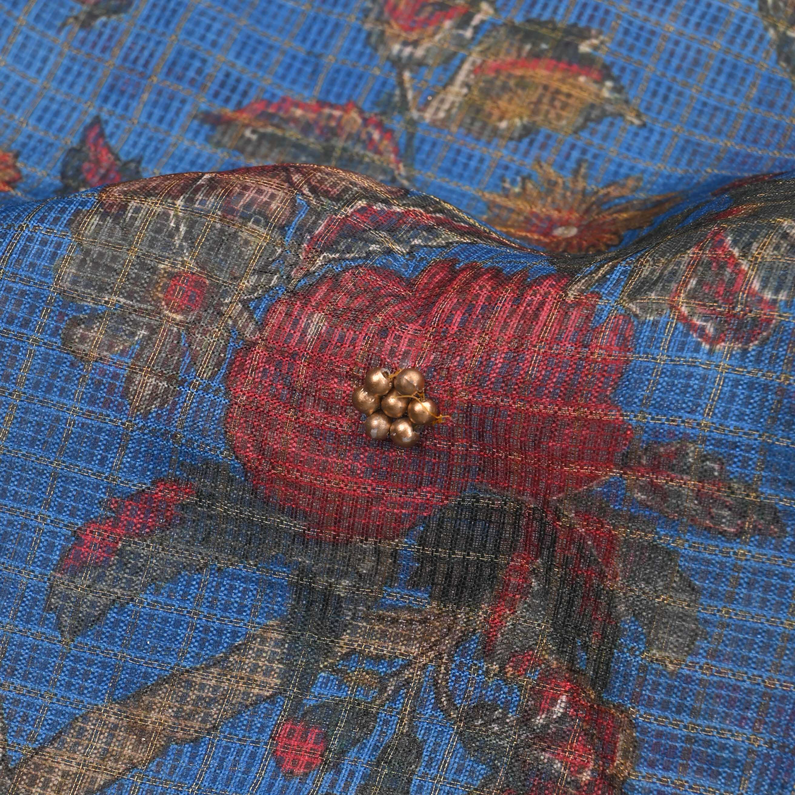 Dell Blue Printed Kota Fabric With Embroidery