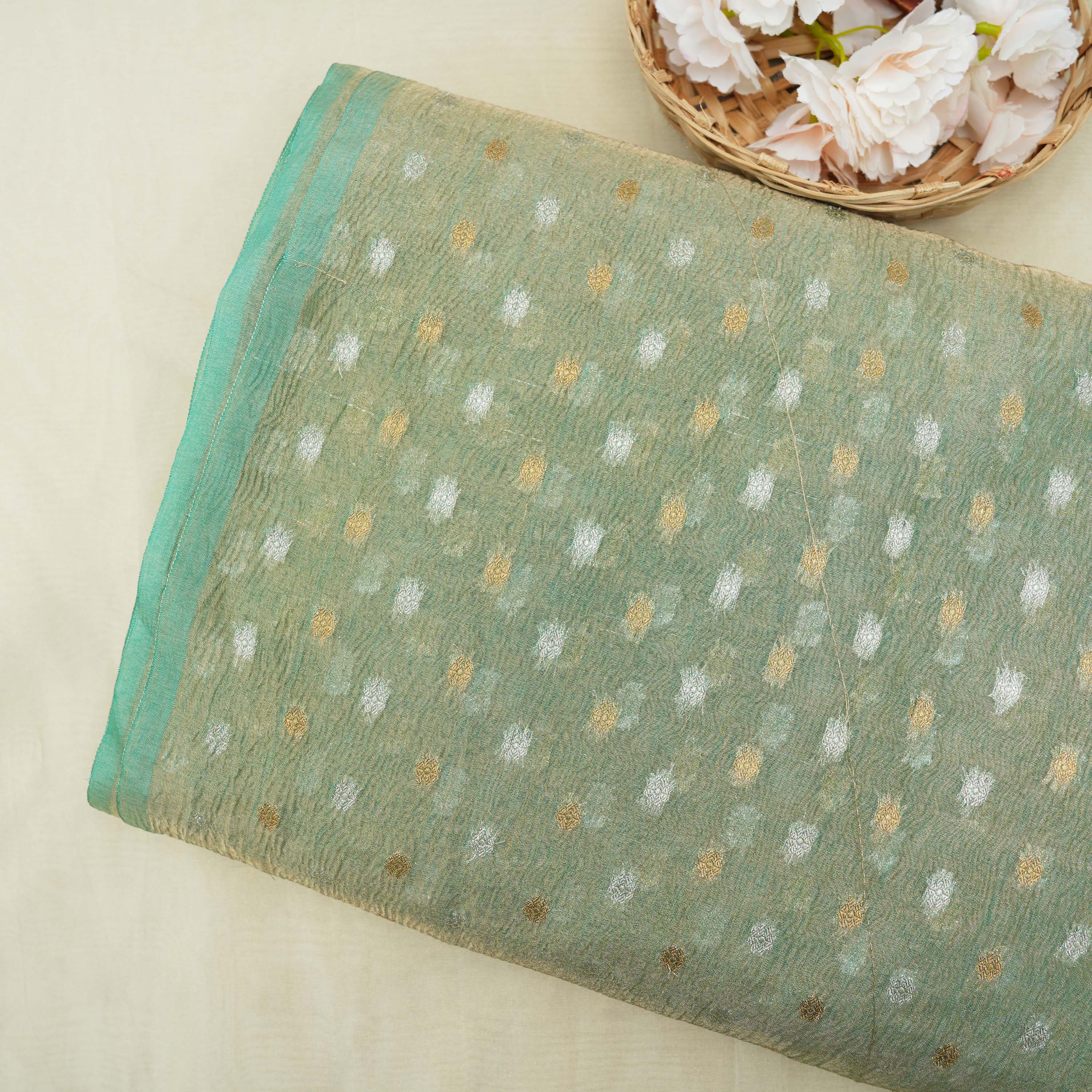 Iguana Green Mini Floral Buttis Crushed Tissue Banarasi Fabric