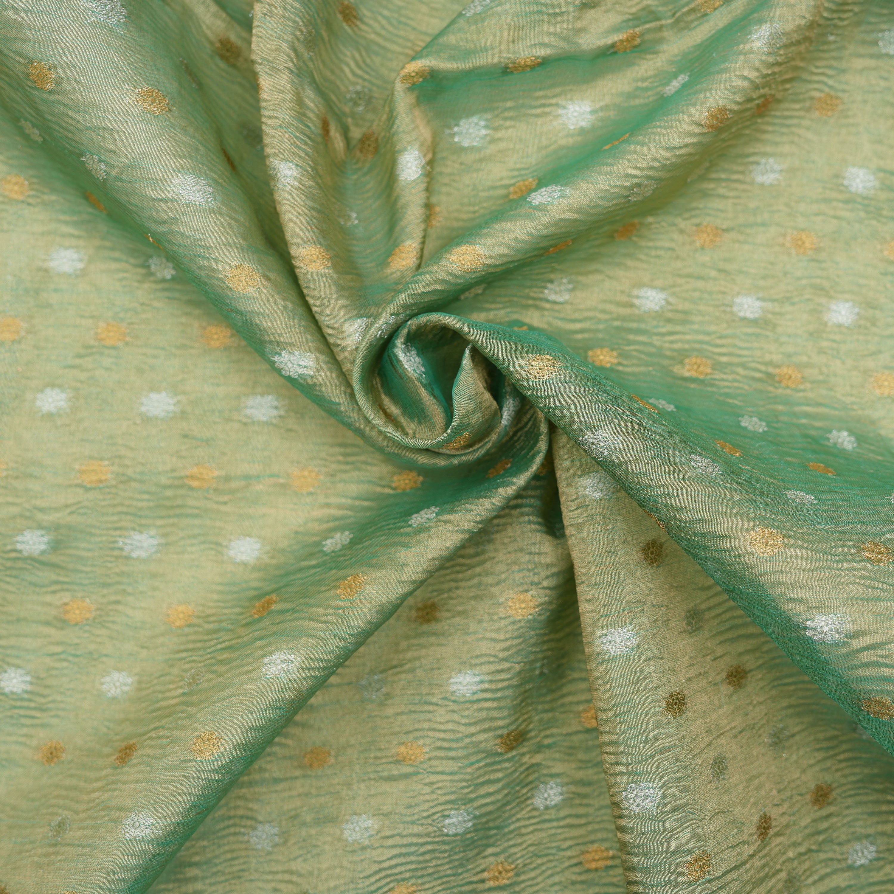 Iguana Green Mini Floral Buttis Crushed Tissue Banarasi Fabric