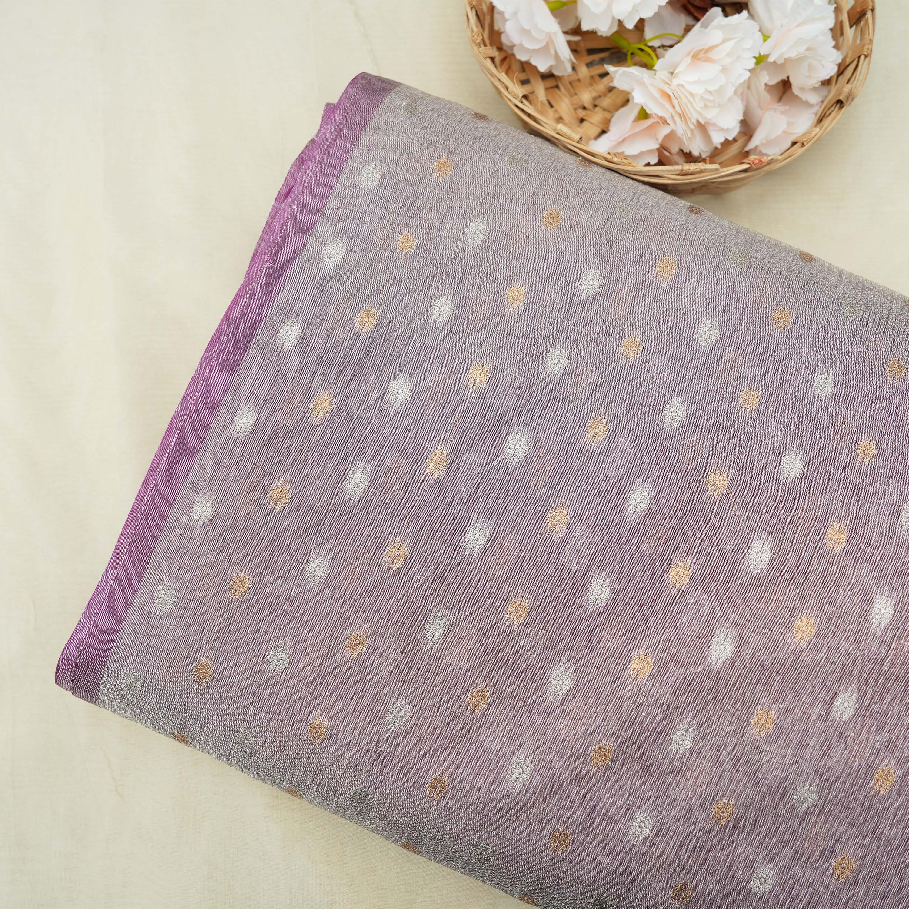 Mist Purple Floral Buttis Crushed Tissue Banarasi Fabric